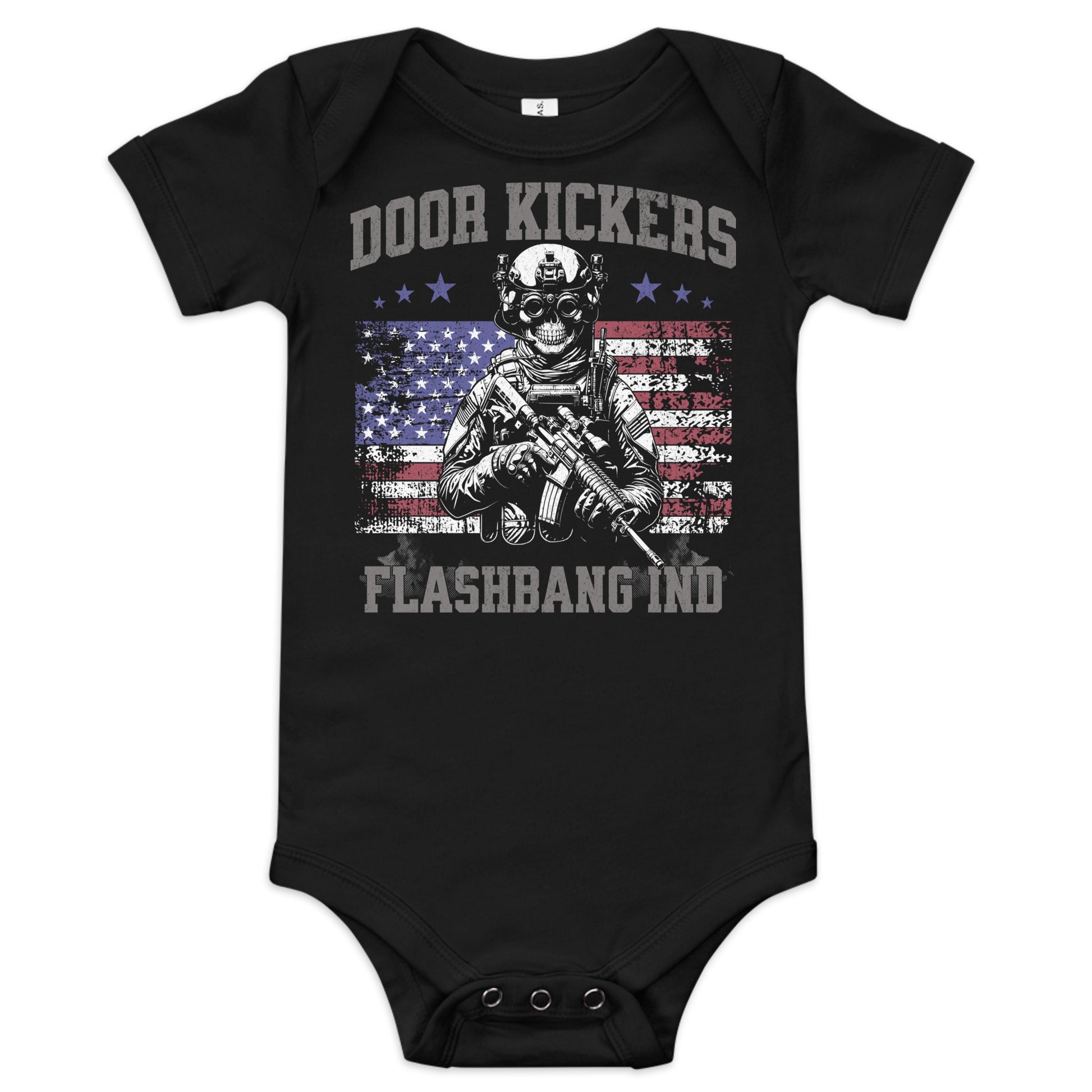 Black baby onesie with graphic design and text on a white background