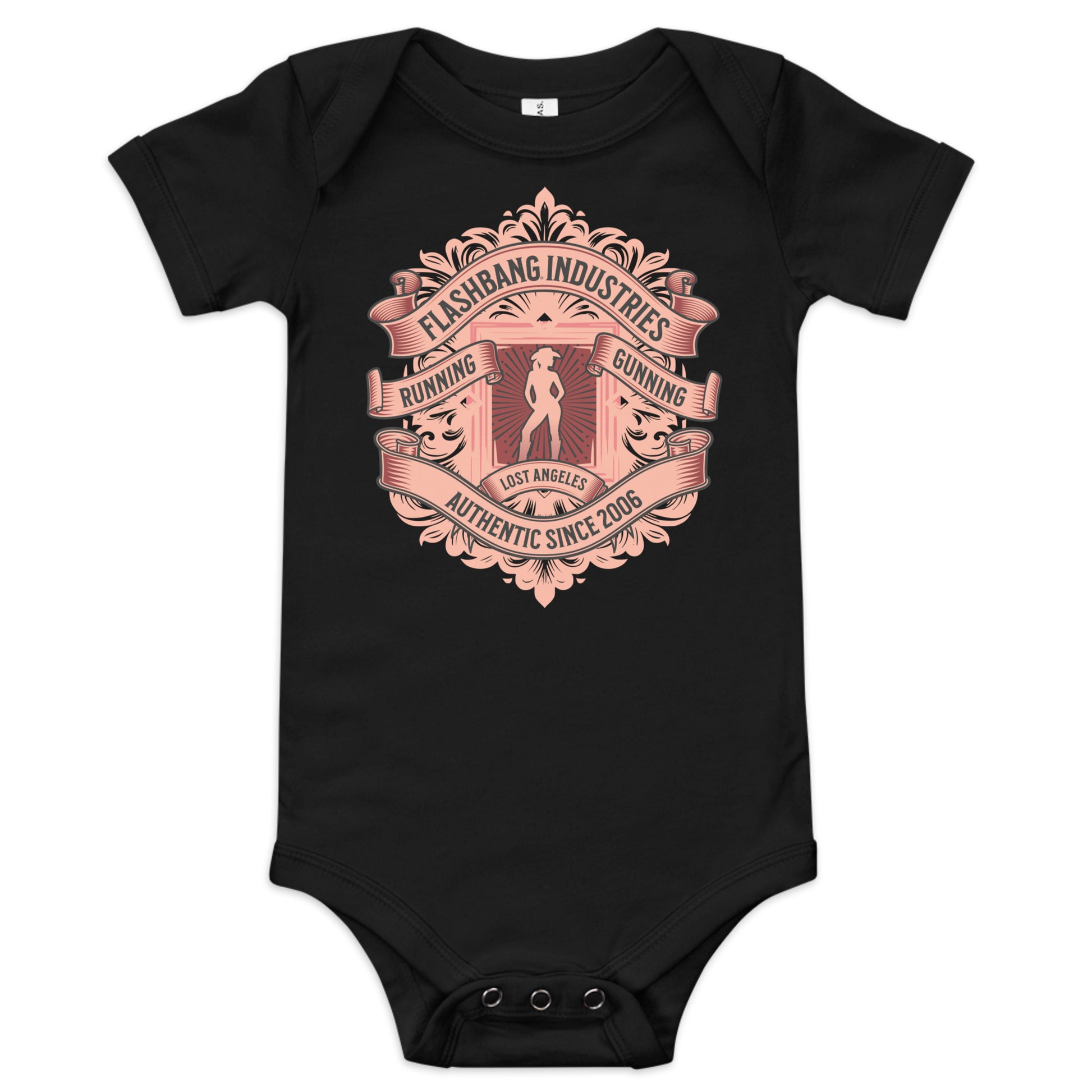 Black baby onesie with a pink graphic design on a white background