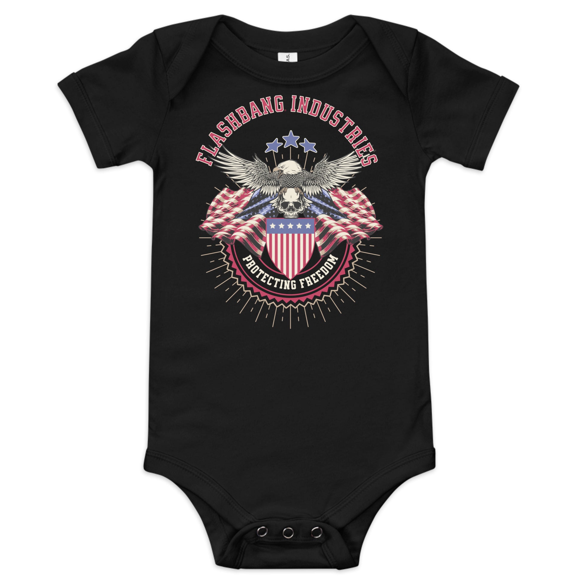 Black baby onesie with 'Flashbang Industries' graphic design featuring an eagle and American flag.