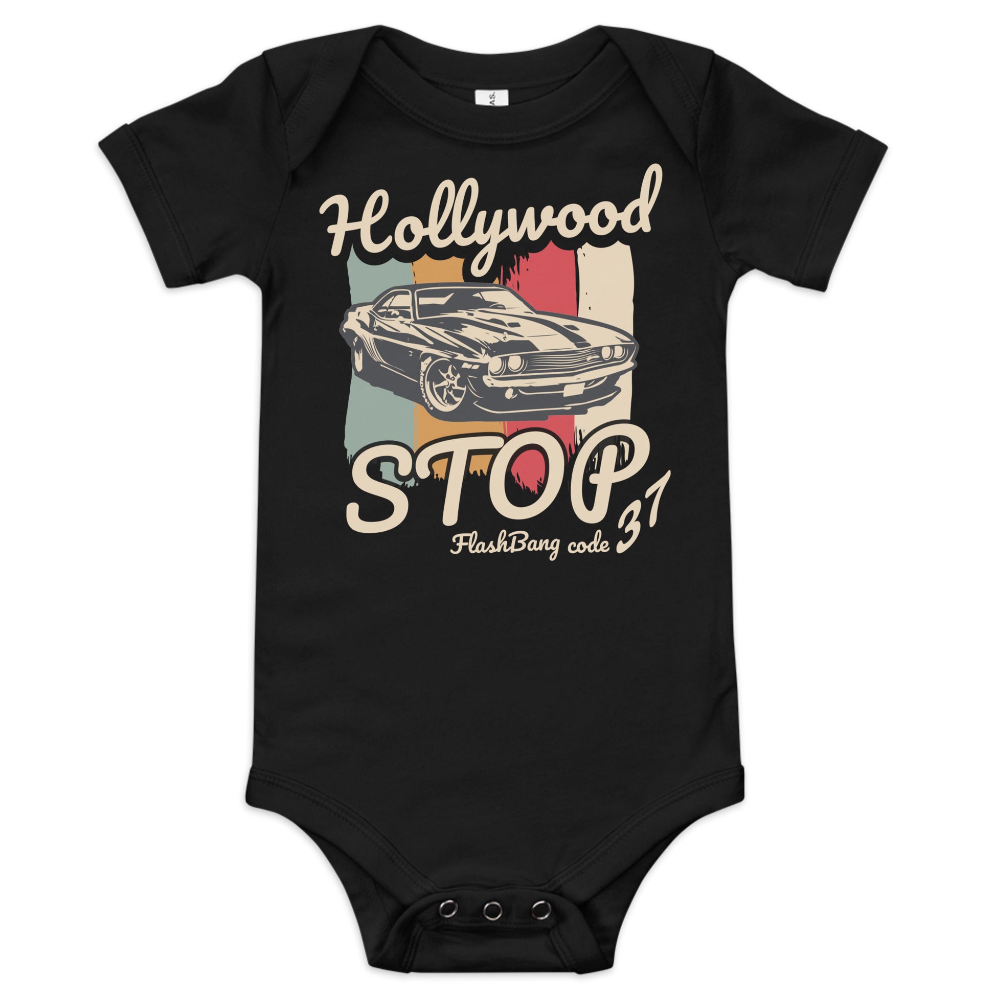 Black baby onesie with vintage car design and text on a white background