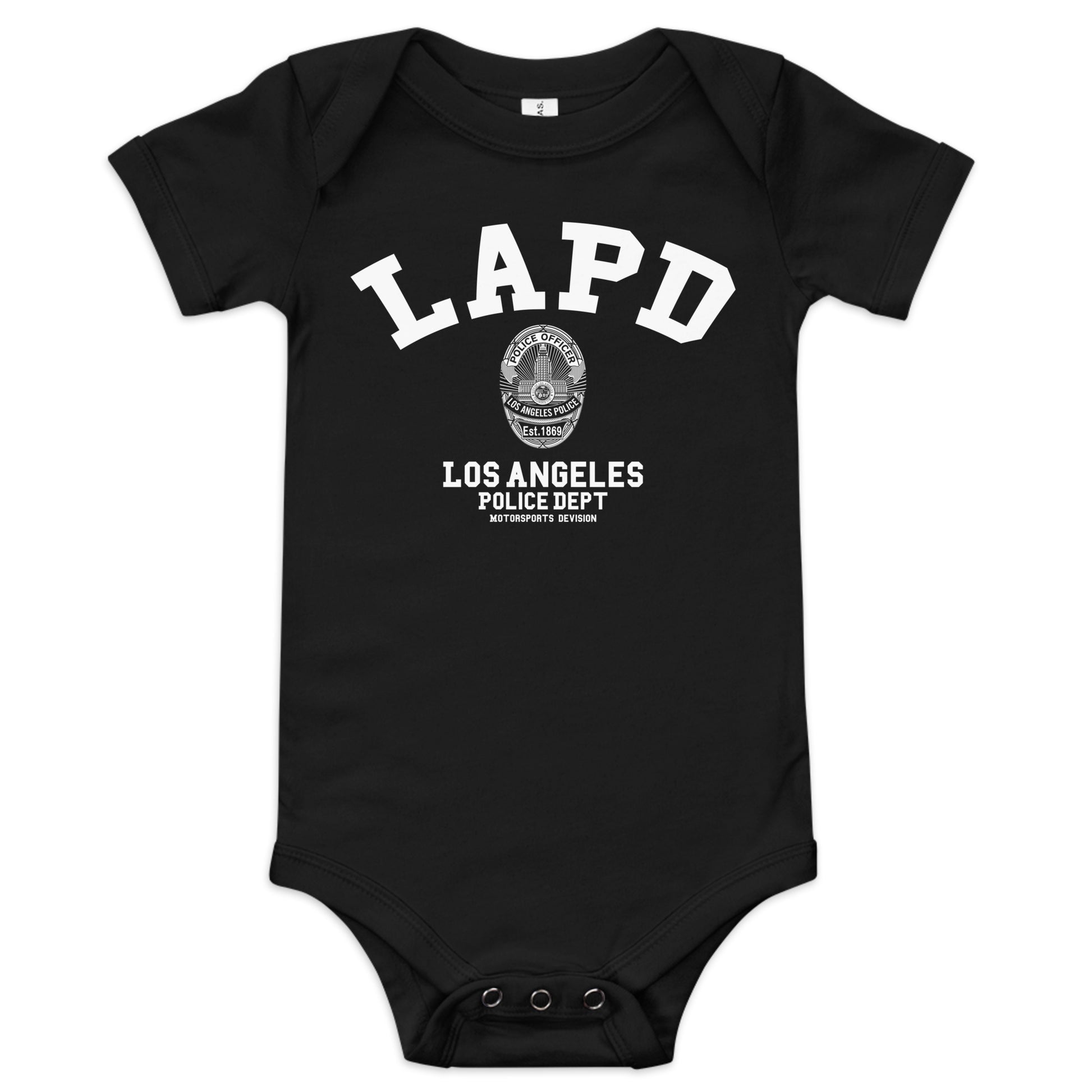 Black baby onesie with LAPD Los Angeles Police Dept logo on a white background