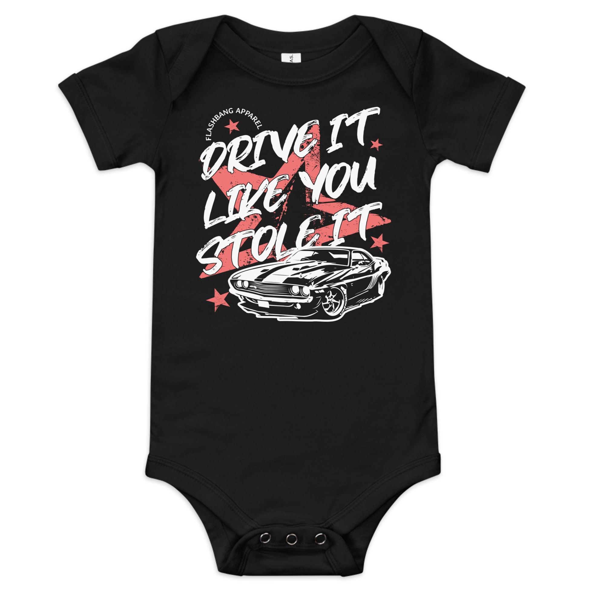 Black baby onesie with car graphic and text on a white background