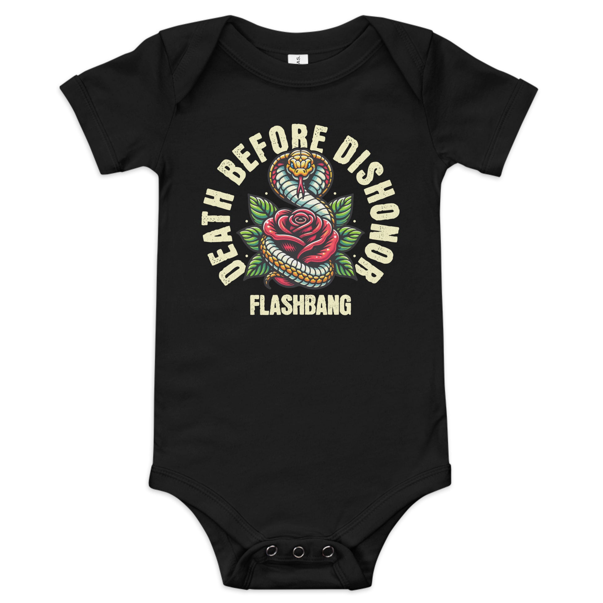 Black baby onesie with 'Death Before Dishonor Flashbang' design on a white background