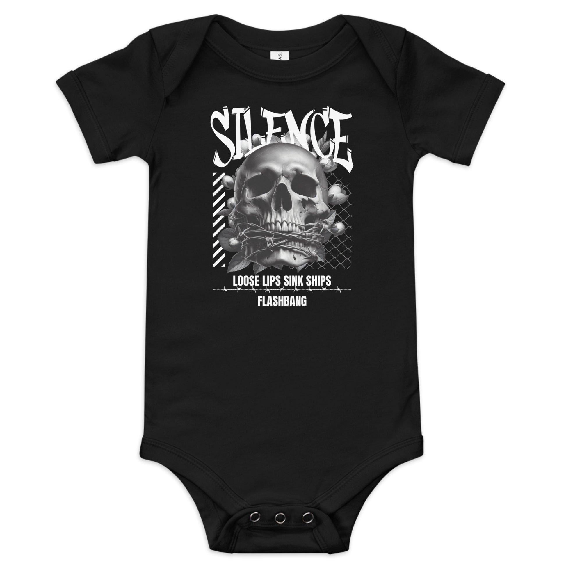 Black baby onesie with skull design and text on a white background