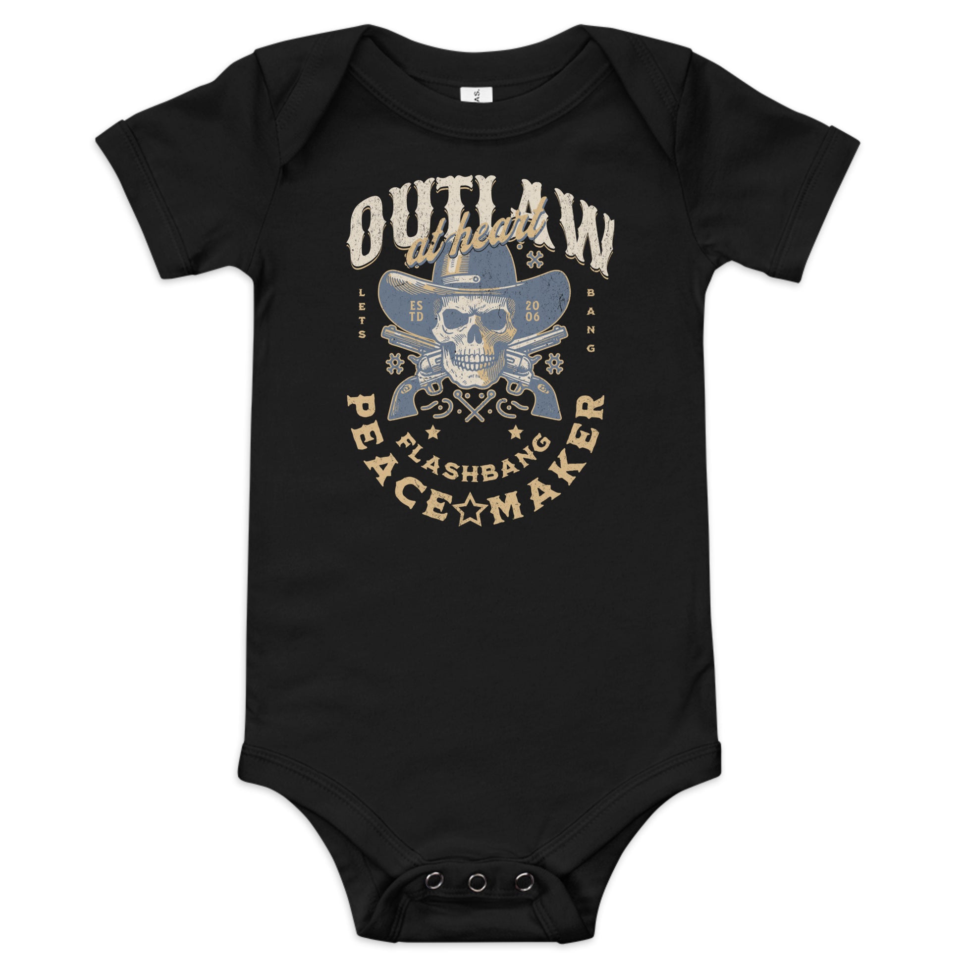 Black baby onesie with a graphic design featuring text and a skull wearing a cowboy hat on a white background.