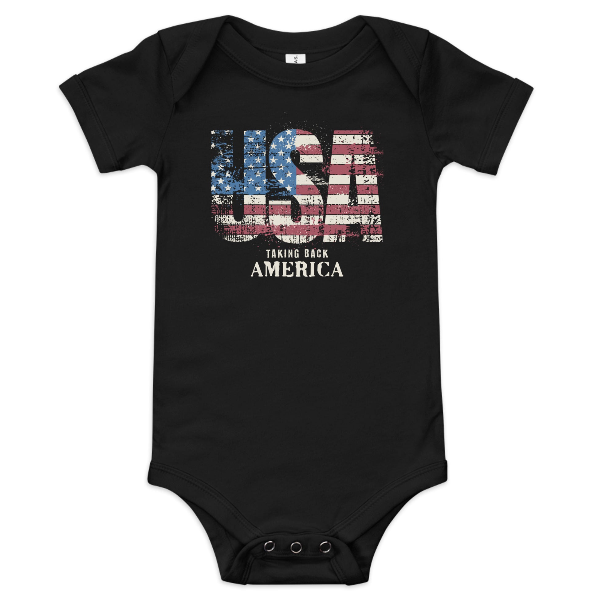 Black baby onesie with American flag design and text on a white background