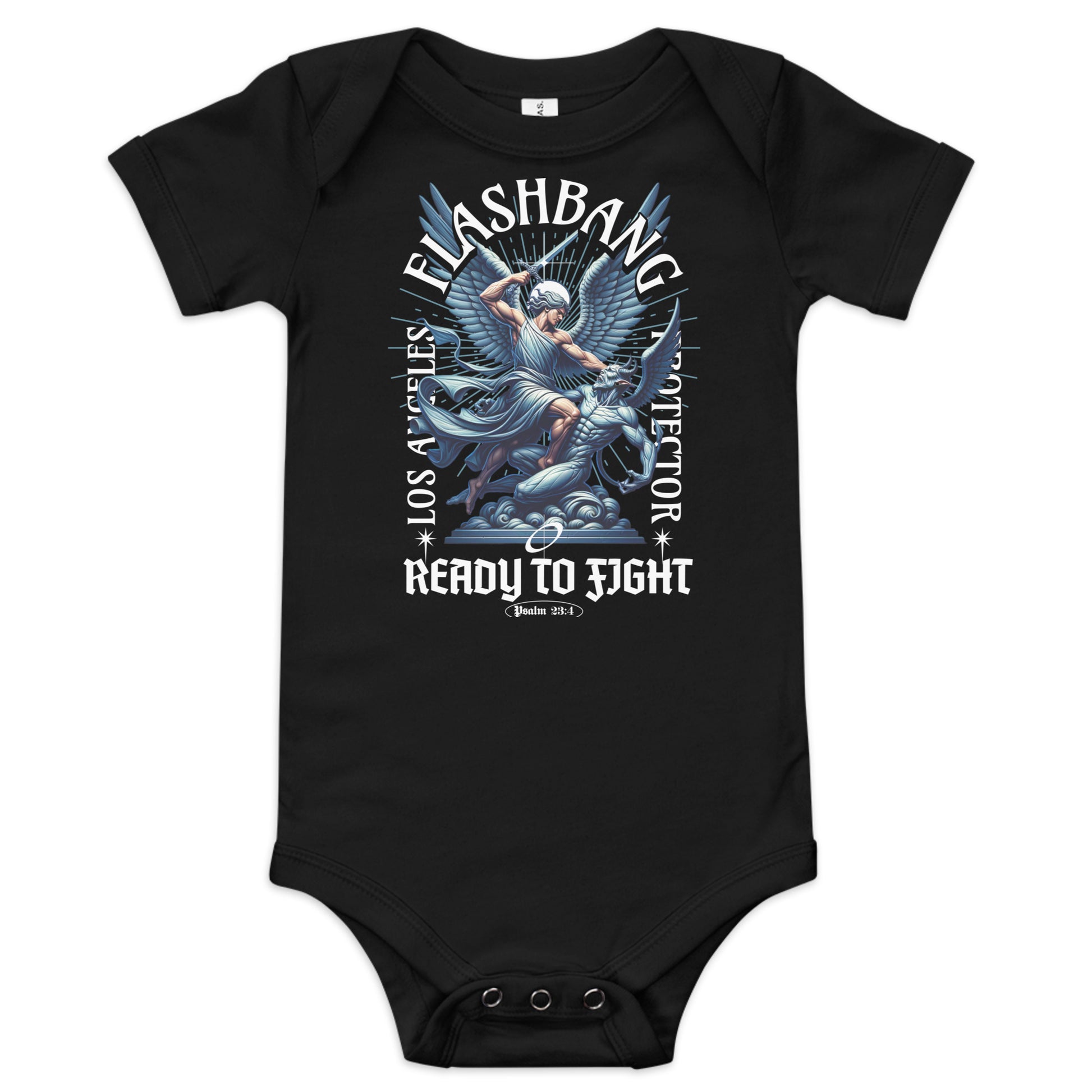 Black baby onesie with graphic design and text on a white background