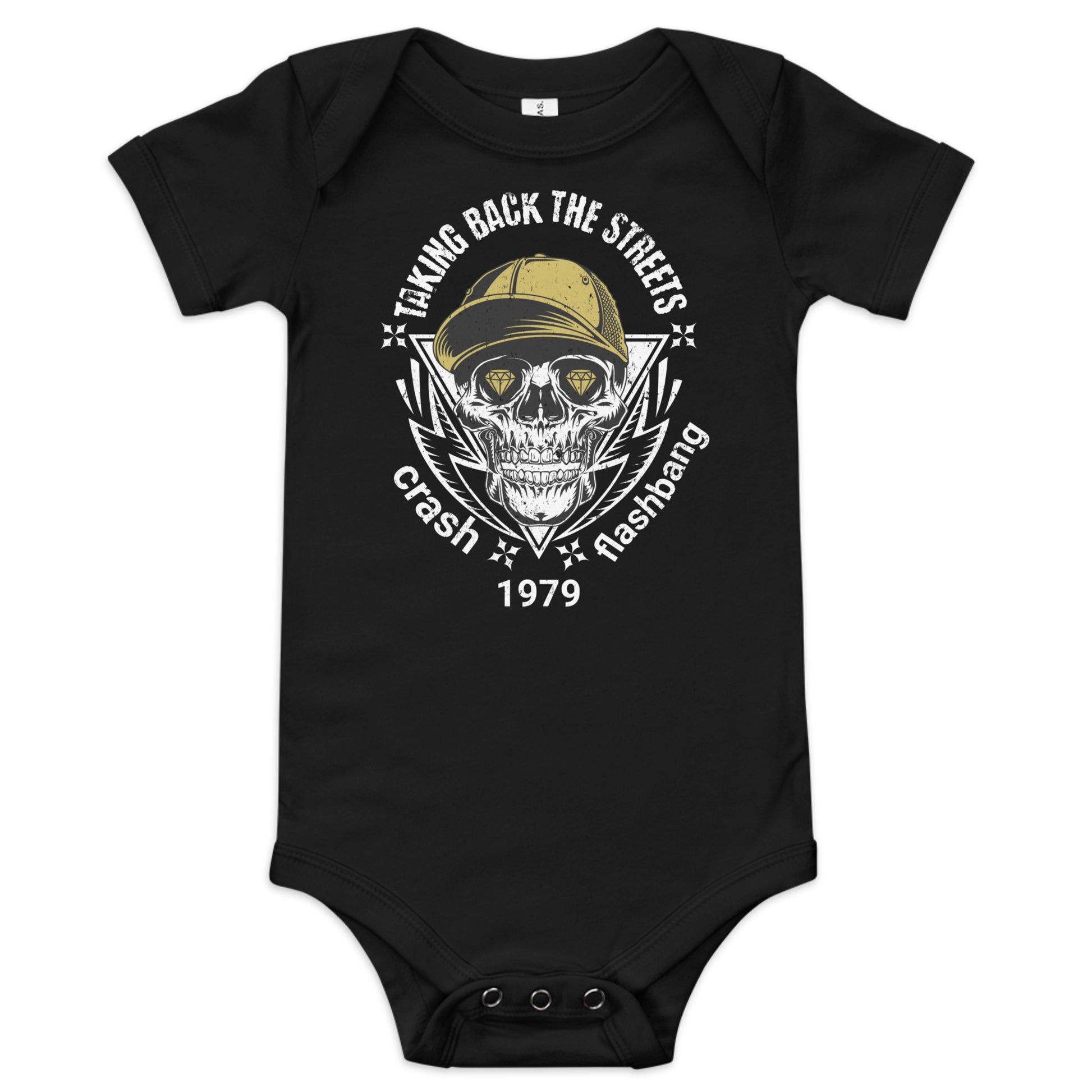 Black baby onesie with skull and cap graphic design on a white background