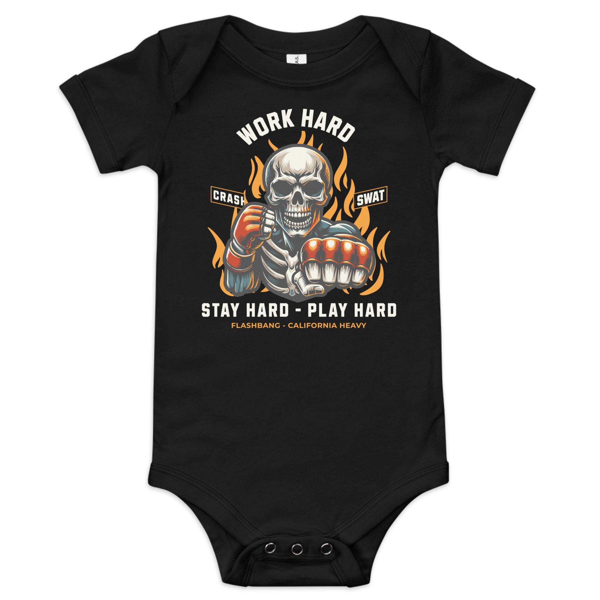 Black baby onesie with a graphic design featuring a skeleton and text on a white background