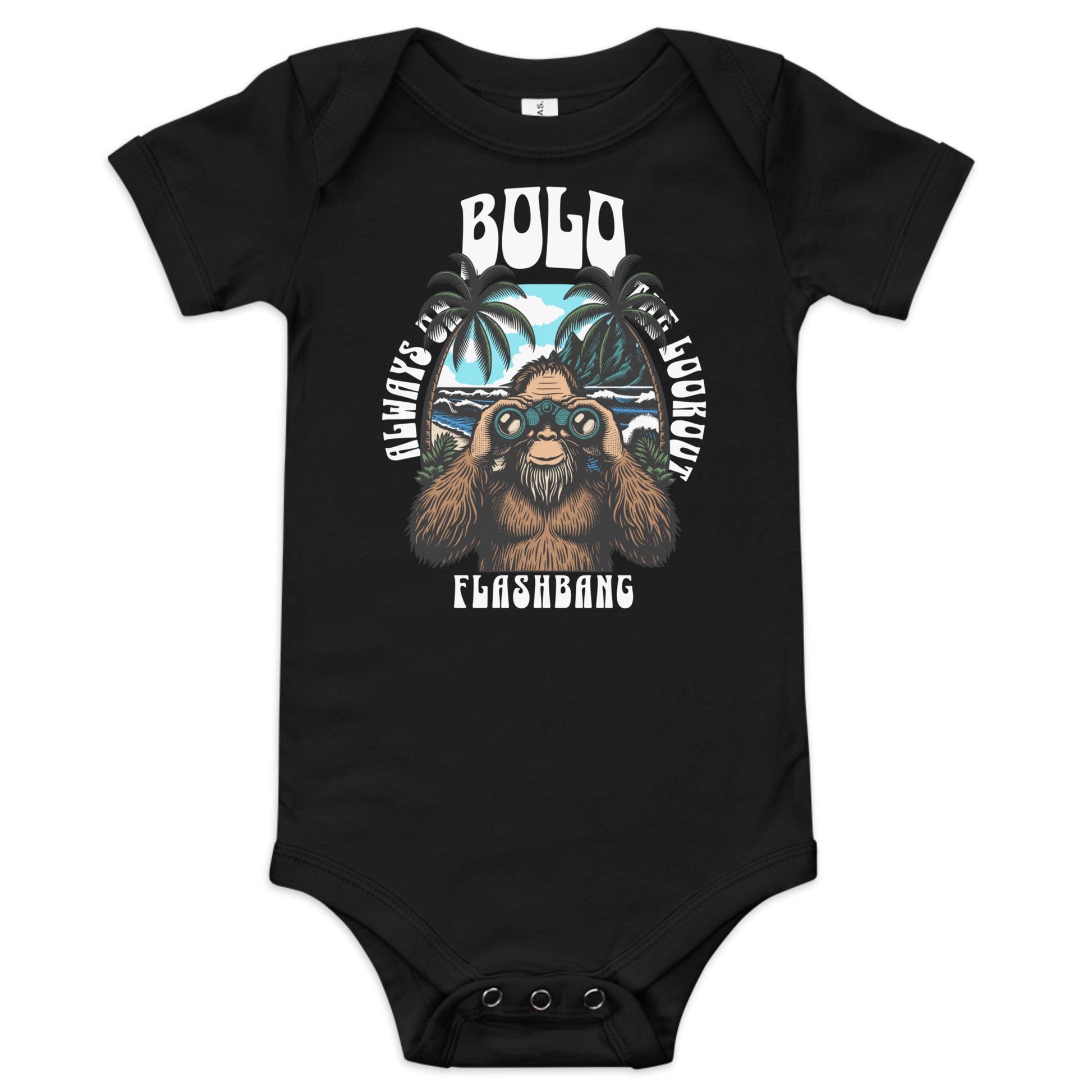 Black baby onesie with a graphic design of a bear and text on a white background