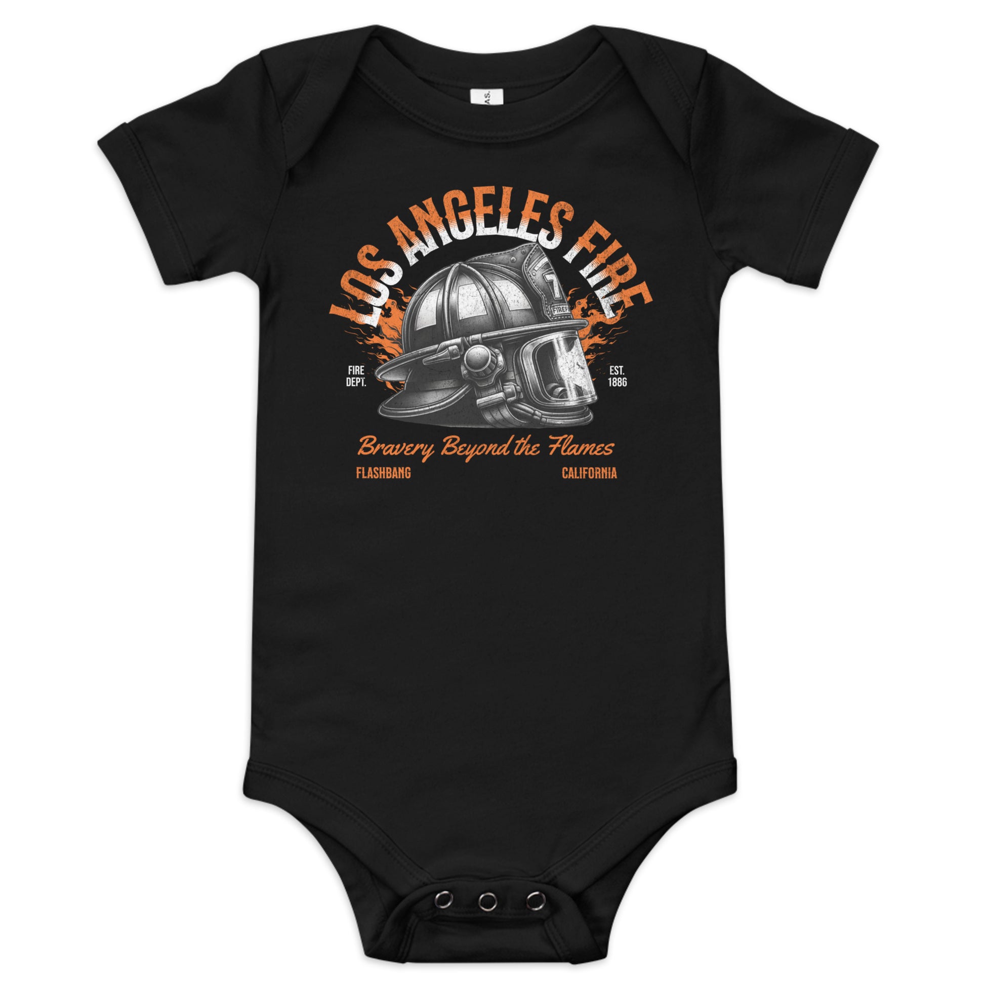 Black baby onesie with Los Angeles Fire Department graphic on a white background