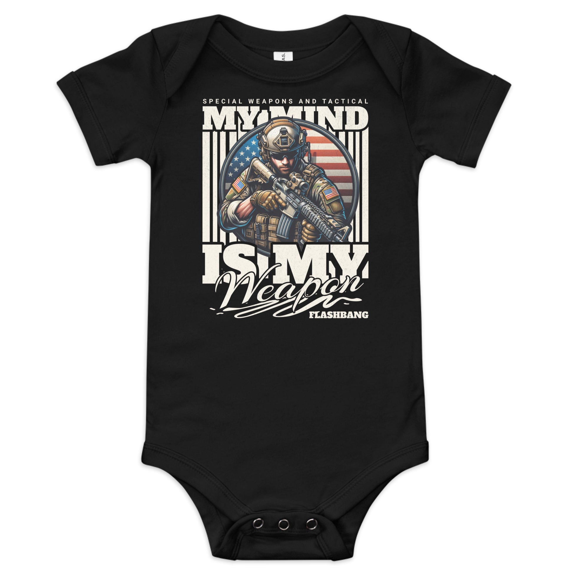 Black baby onesie with graphic design and text on a white background