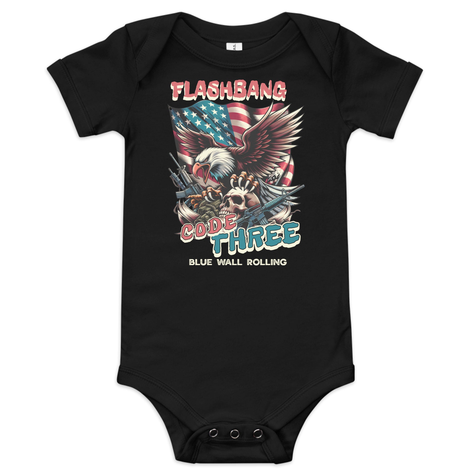Black baby onesie with graphic design featuring an eagle, American flag, and text on a white background
