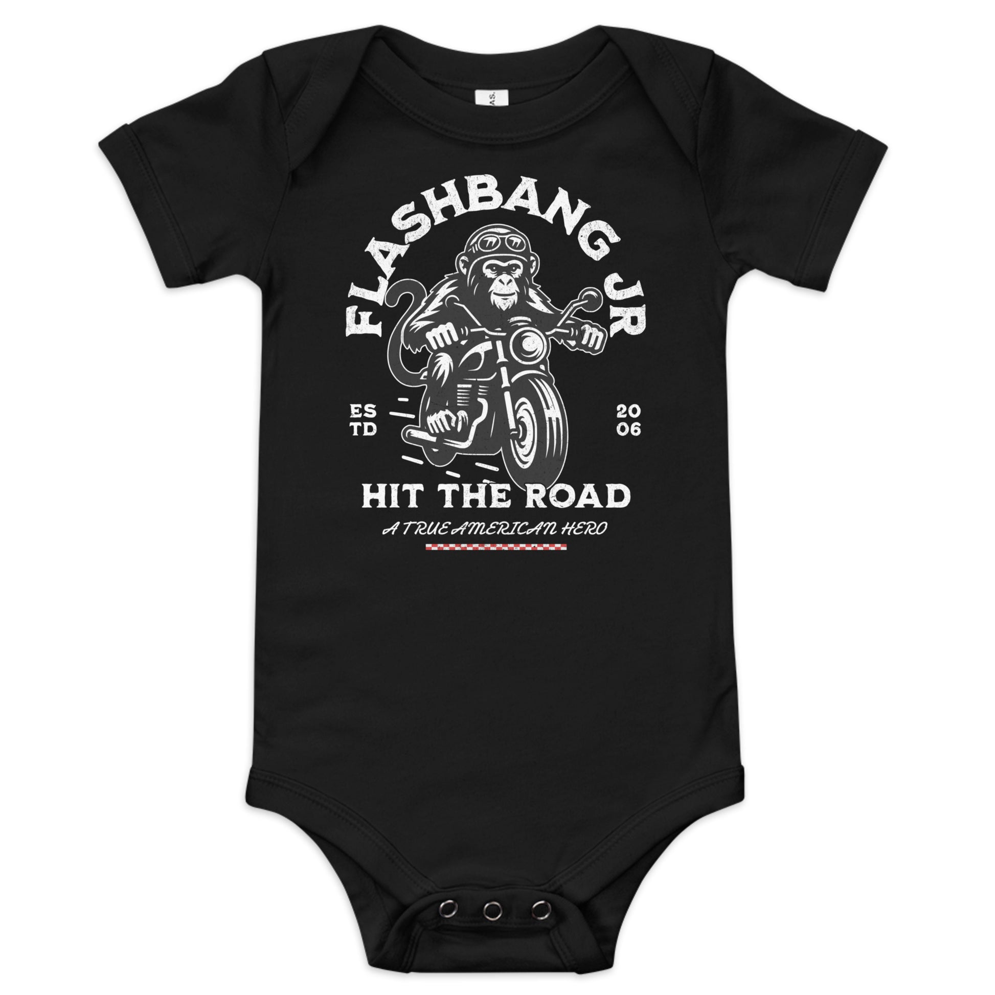 Black baby onesie with white graphic and text on a white background