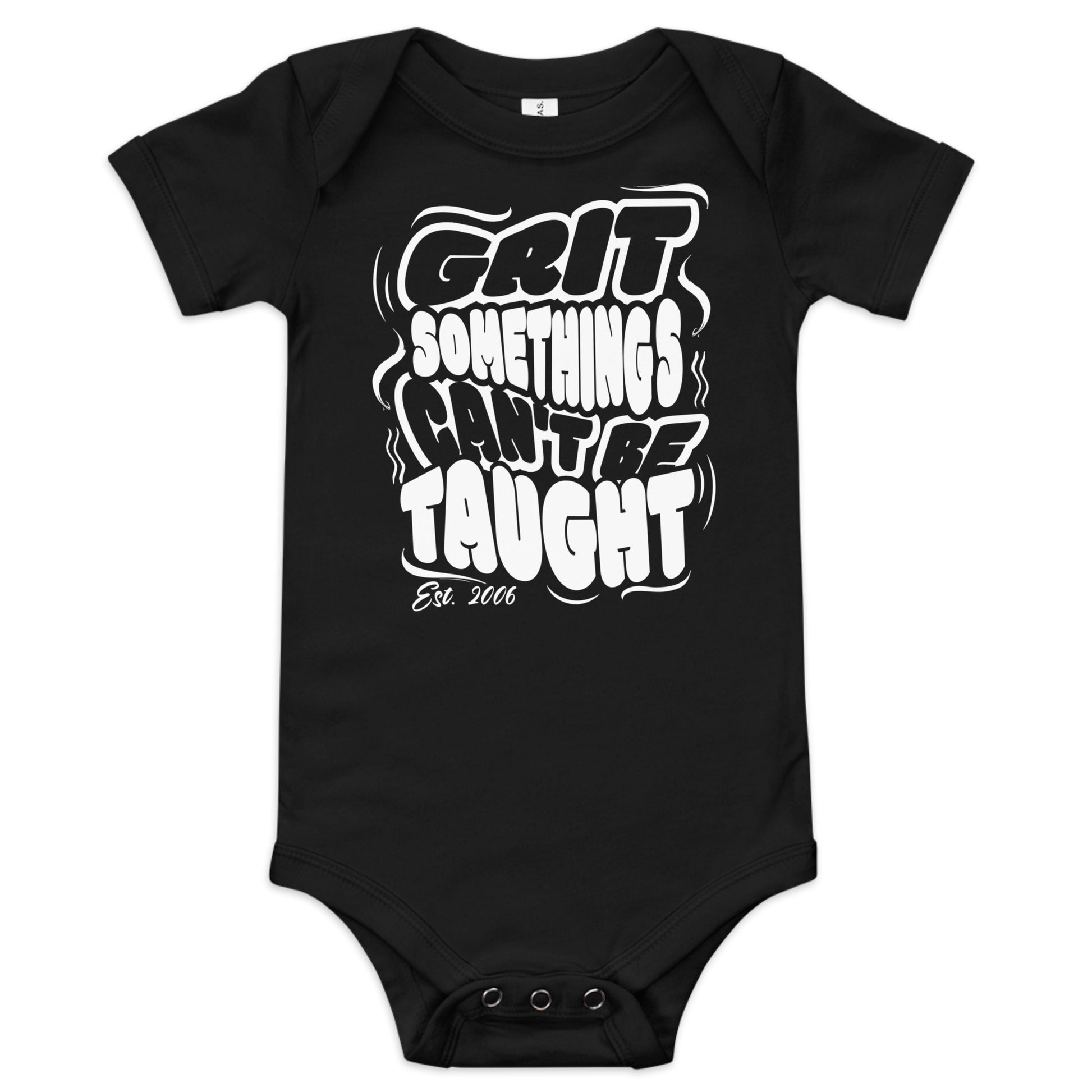 Black baby onesie with white text on a white background