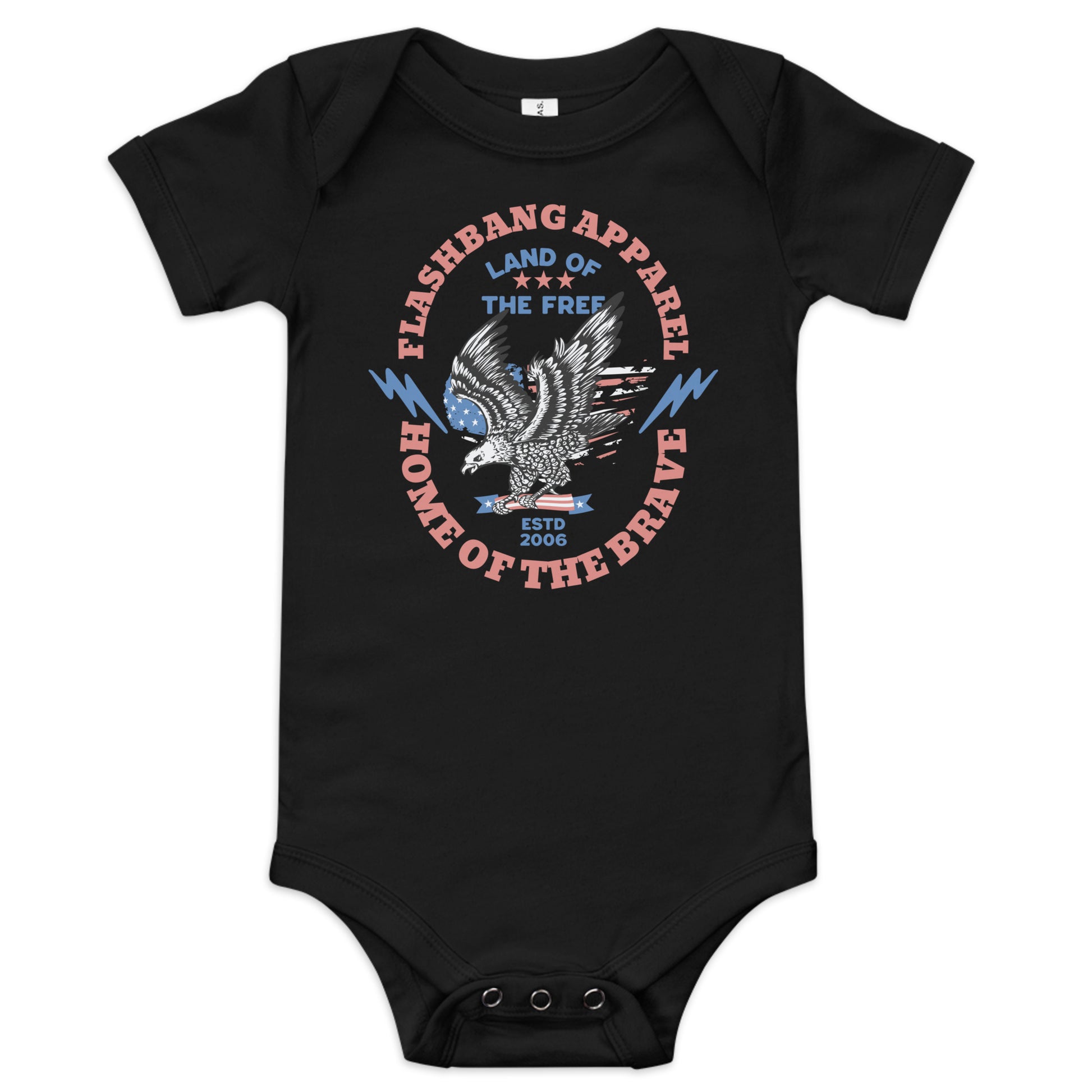 Black baby onesie with an eagle design and text on a white background