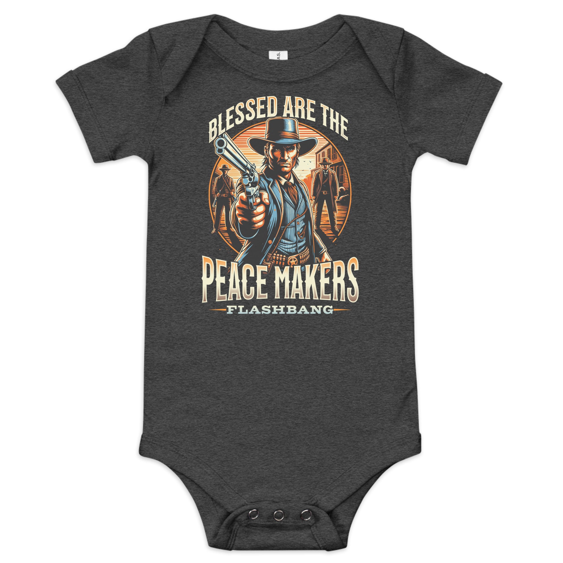 Gray baby onesie with a graphic design and text on a white background