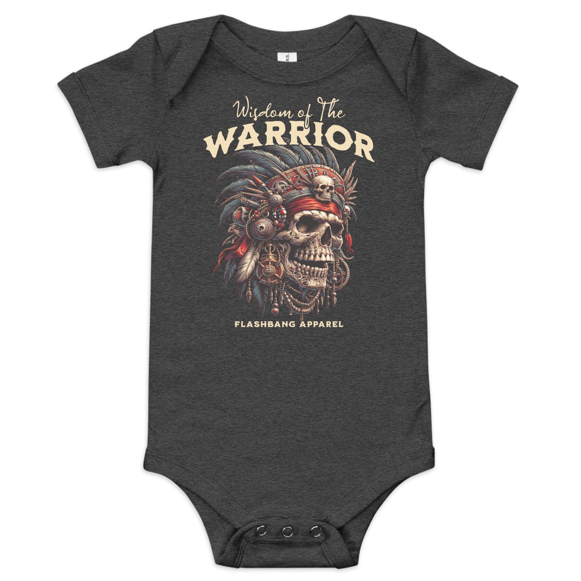 Dark gray baby onesie with warrior-themed design and 'Flashbang Apparel' branding on a white background.