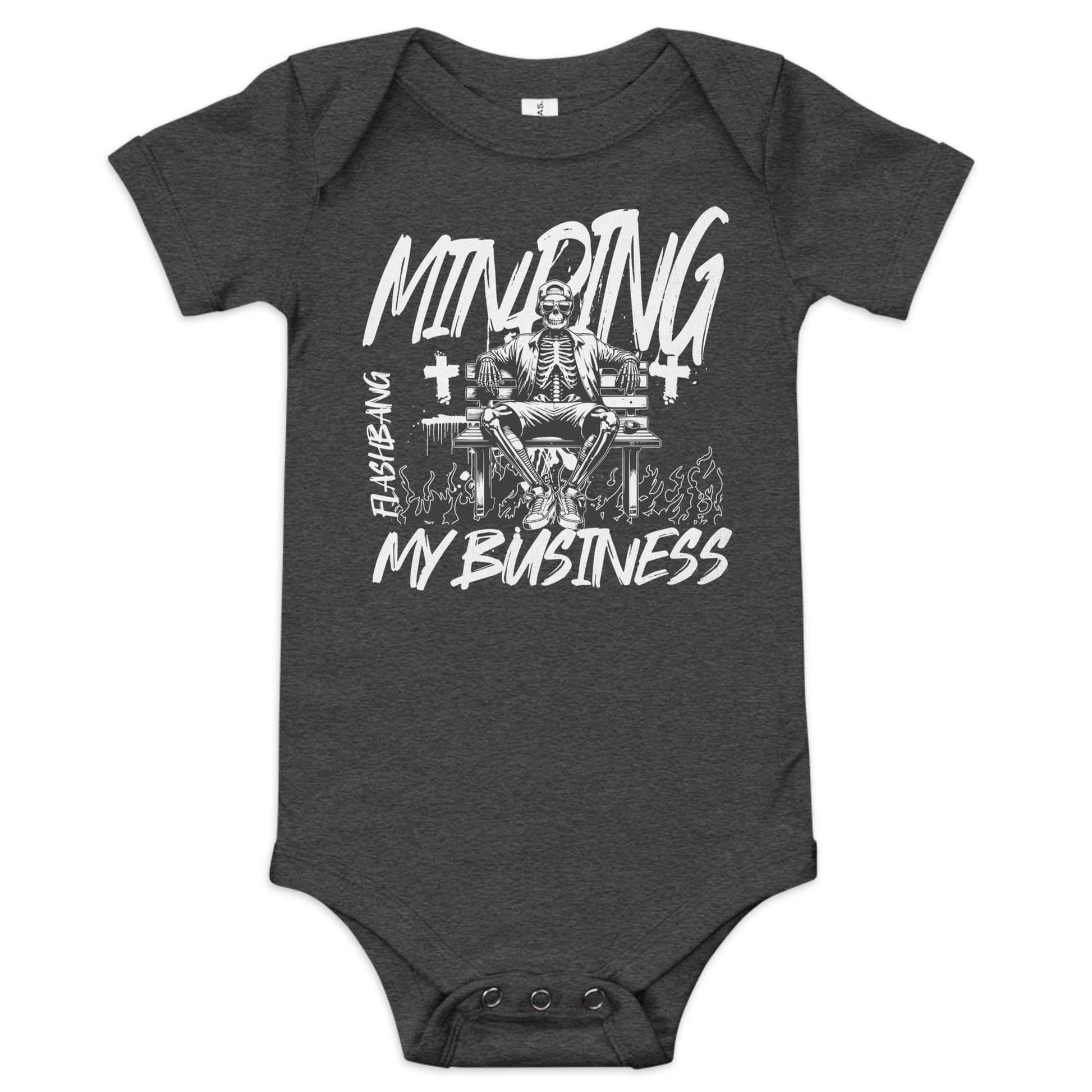 Dark gray baby onesie with white graphic design on a white background