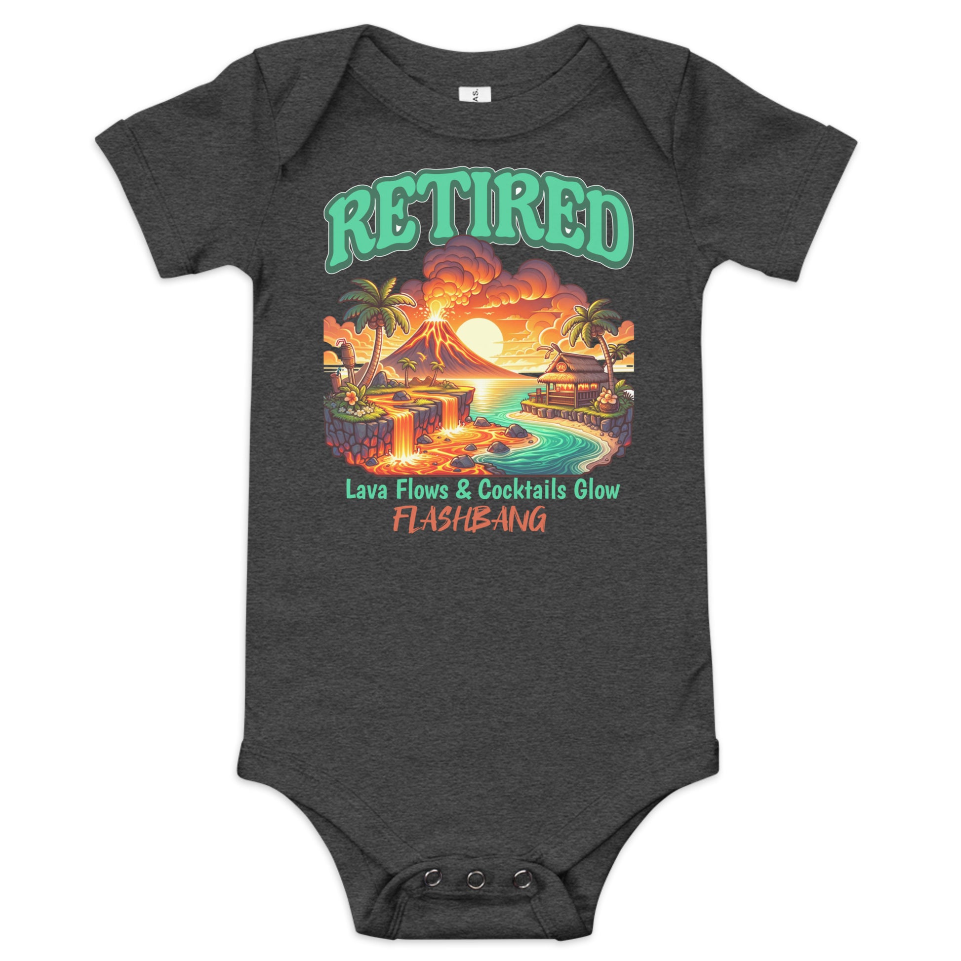 Dark gray baby onesie with a tropical design and text on a white background