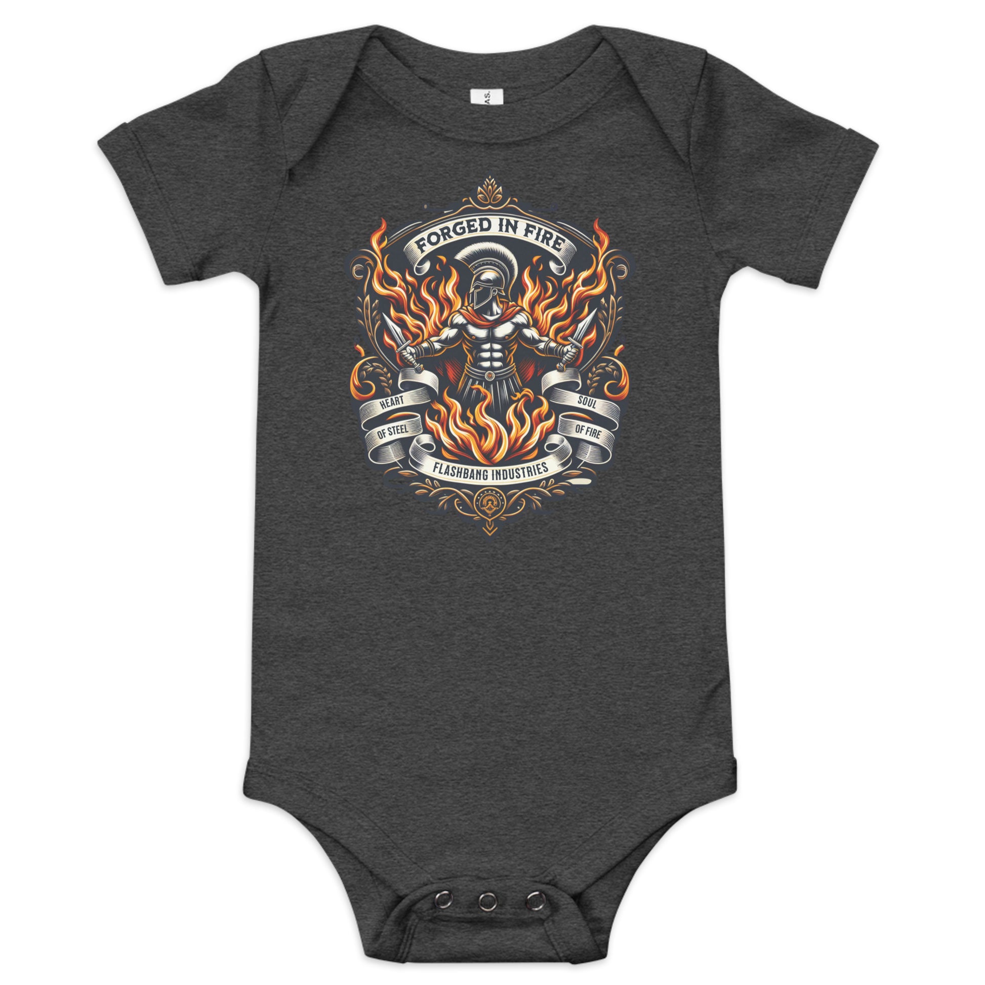 Dark gray baby onesie with a graphic design on a white background