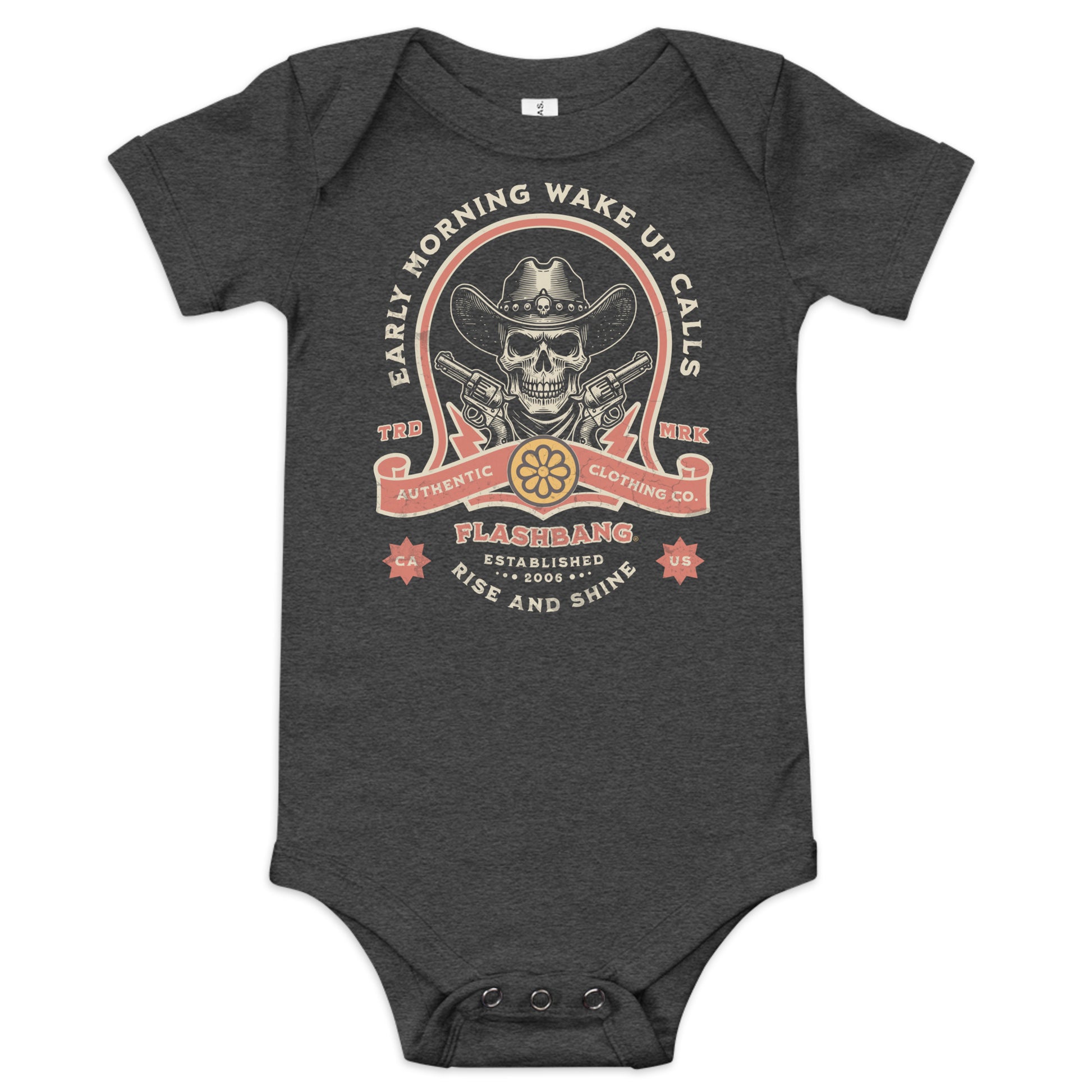 Dark gray baby onesie with a graphic design featuring a skull and text on a white background.