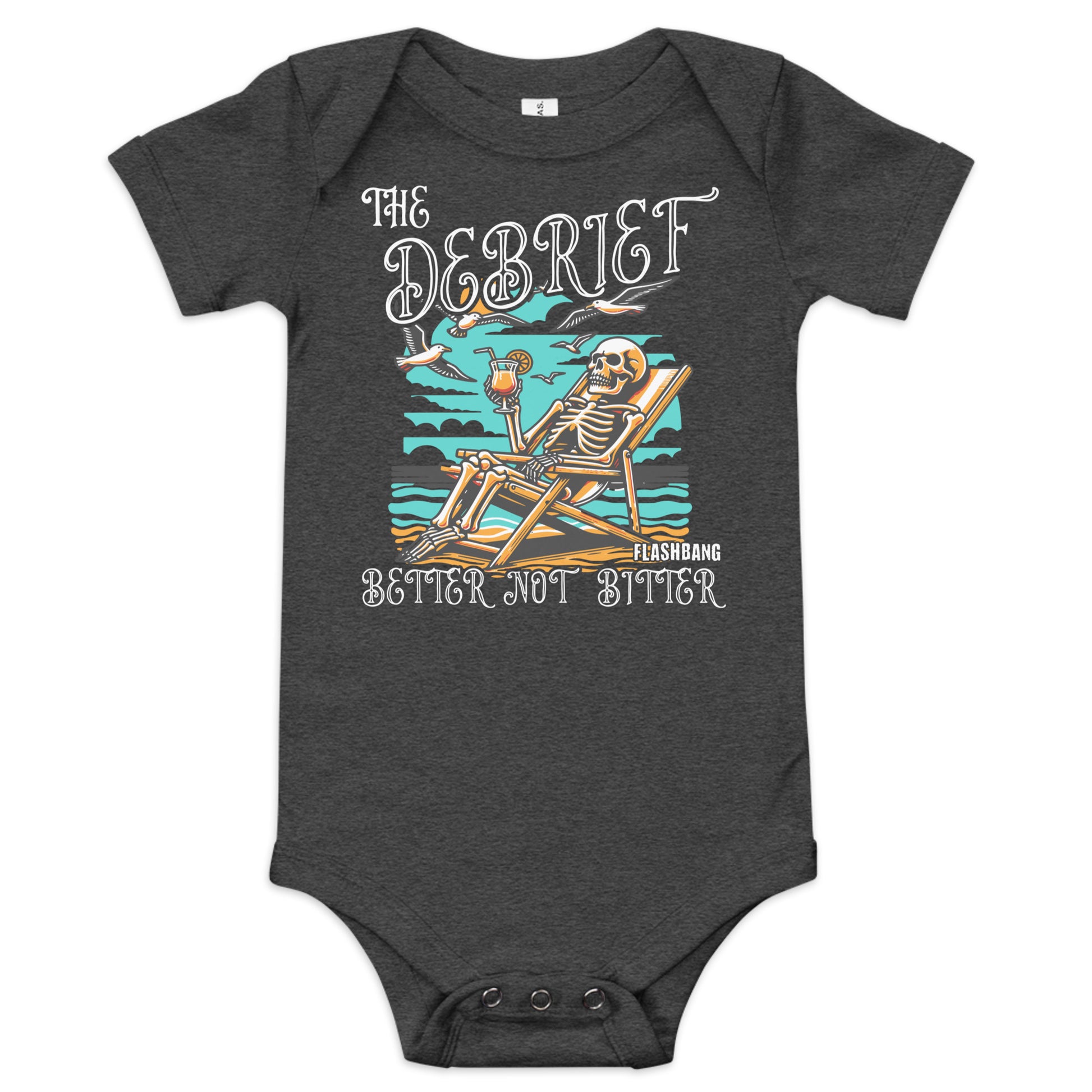 Gray baby onesie with skeleton design and text on a white background