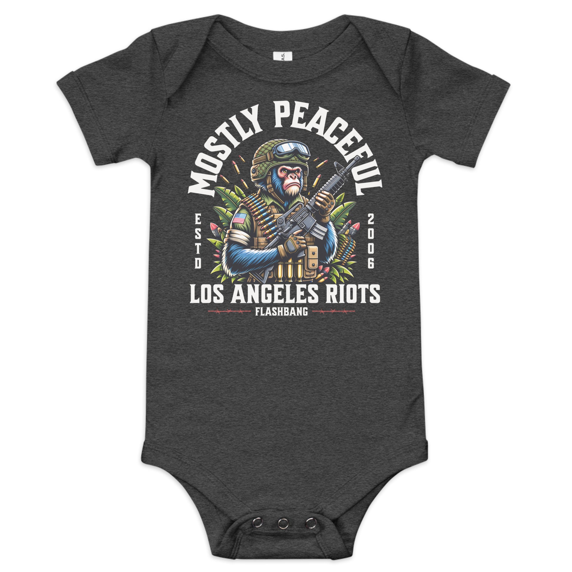 Dark gray baby onesie with graphic design and text on a white background