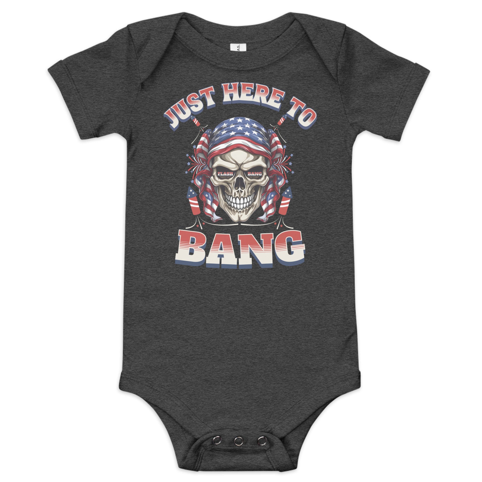 Gray baby onesie with a skull design and text on a white background