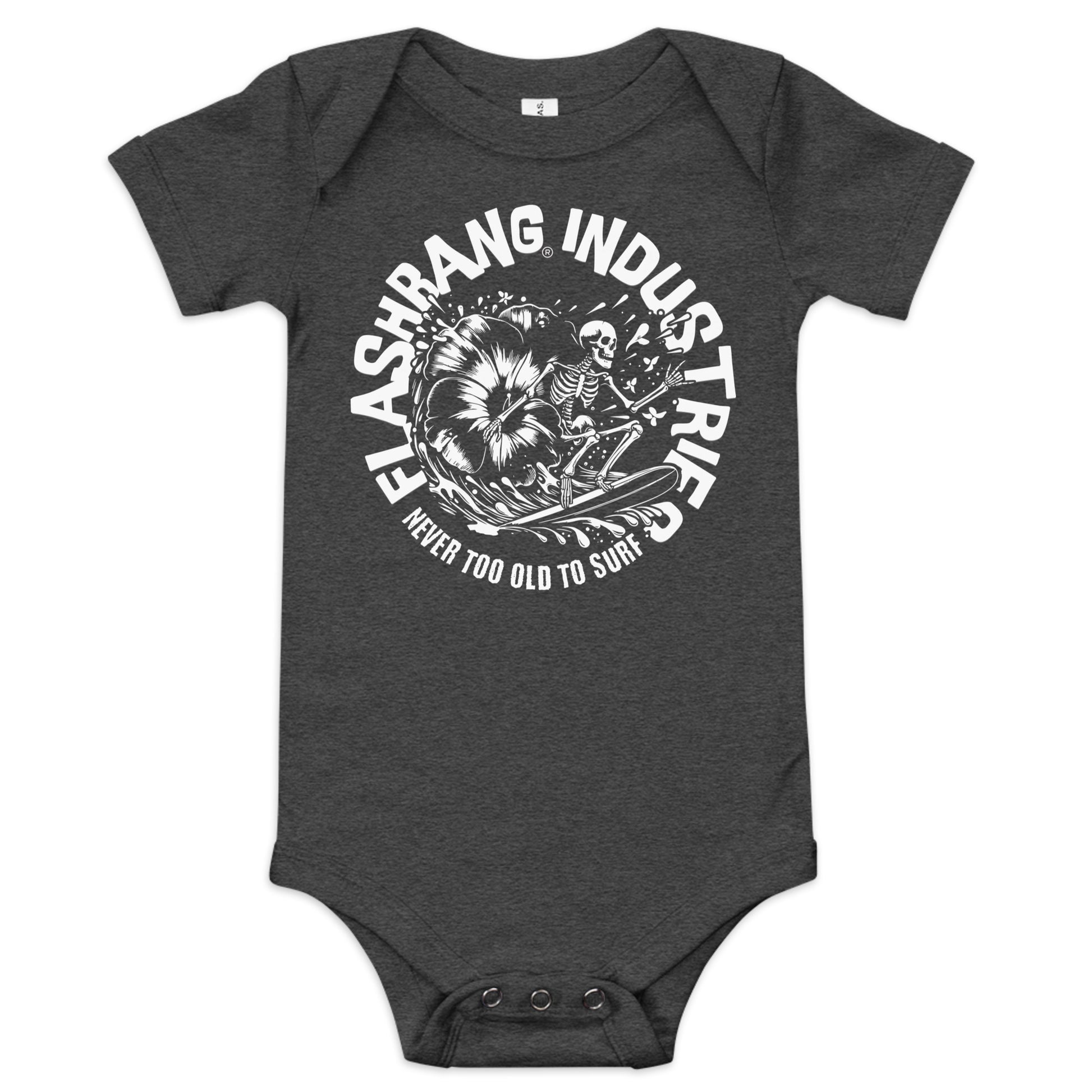 Dark gray baby onesie with white graphic design and text on a white background