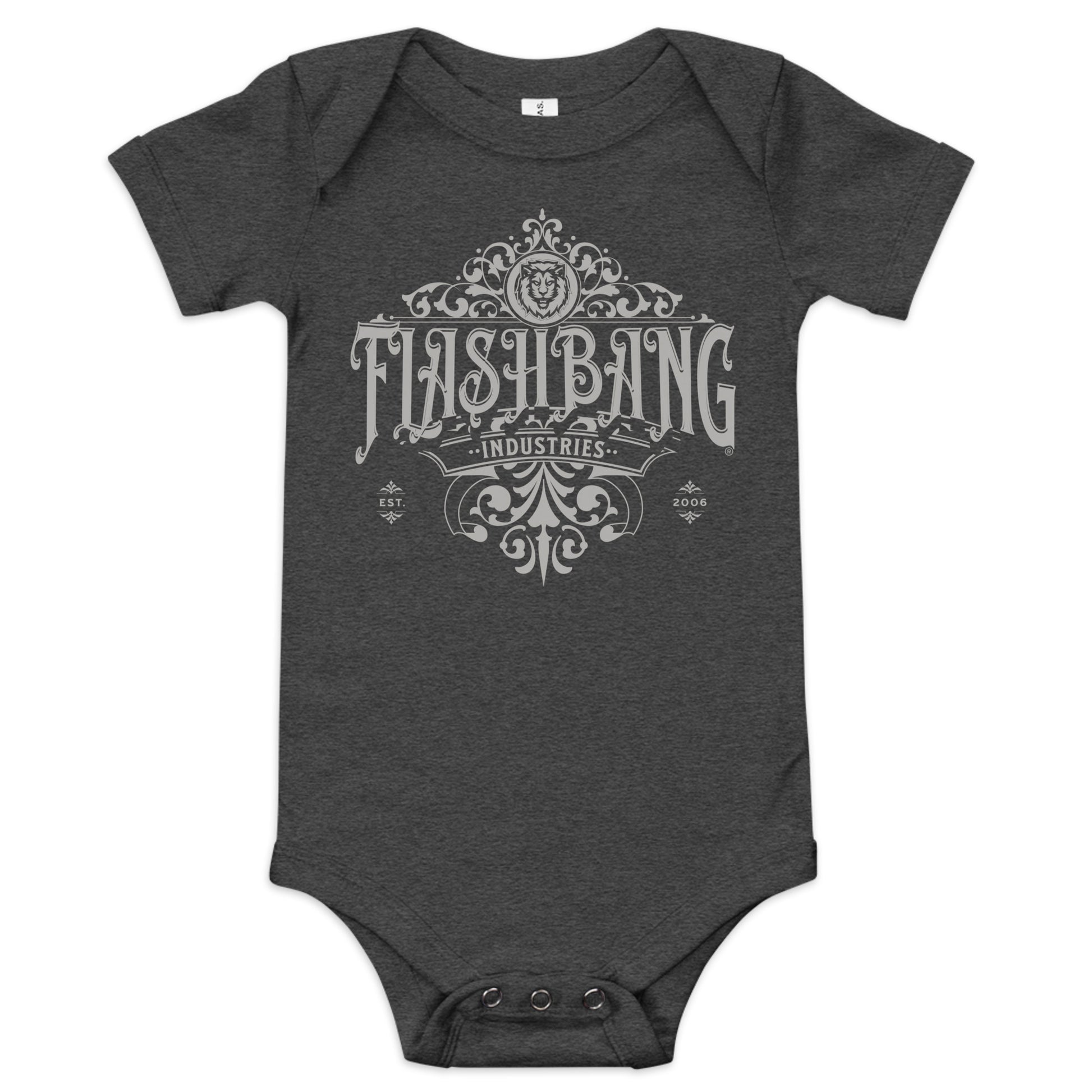 Dark gray baby onesie with 'Flashbang Industries' print on a white background