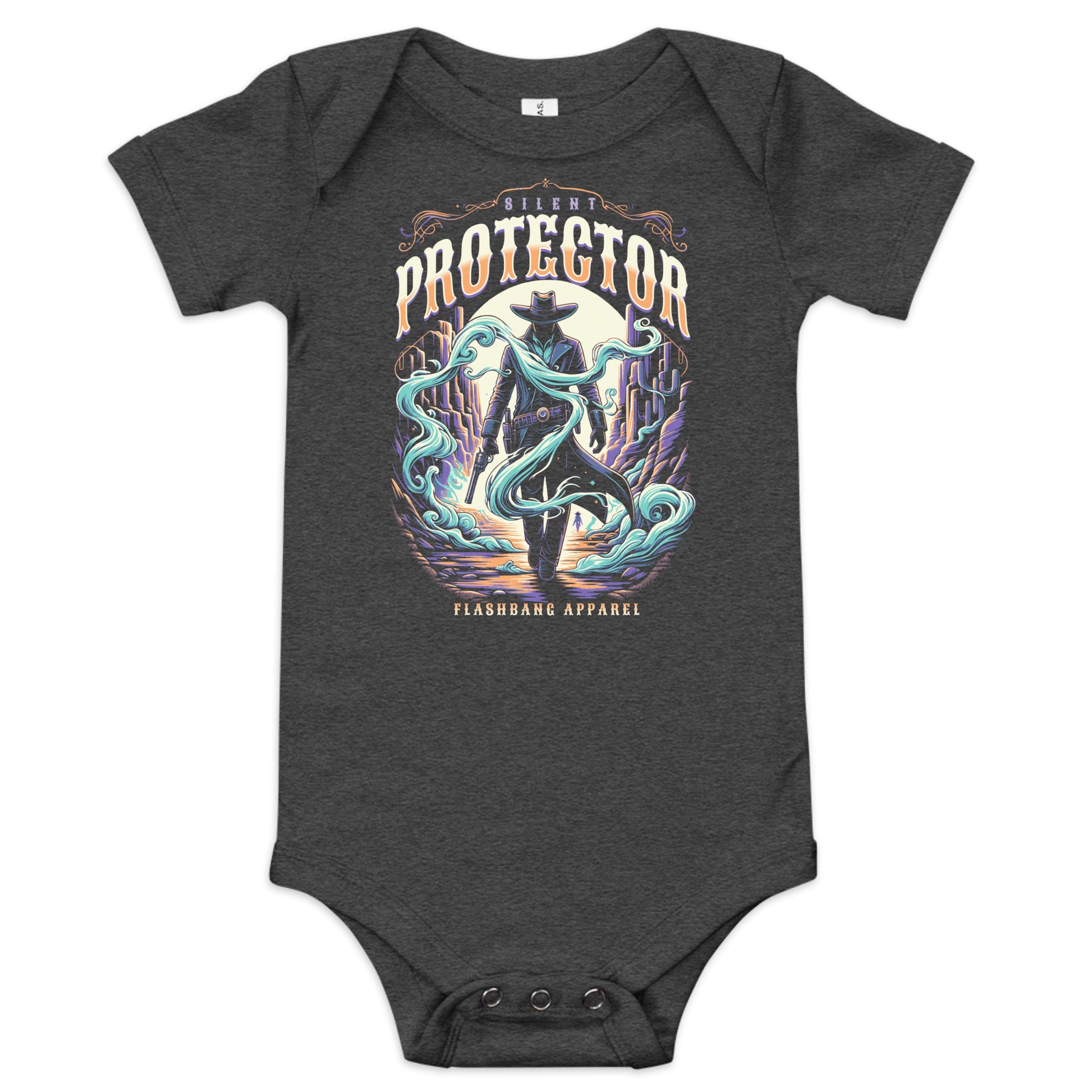 Dark gray baby onesie with a colorful graphic design on a white background