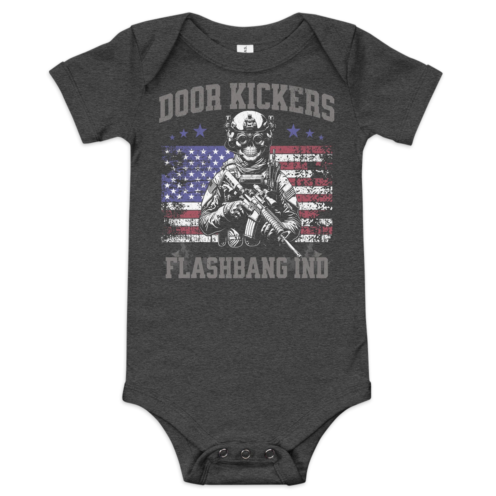 Dark gray baby onesie with graphic design and text on a white background