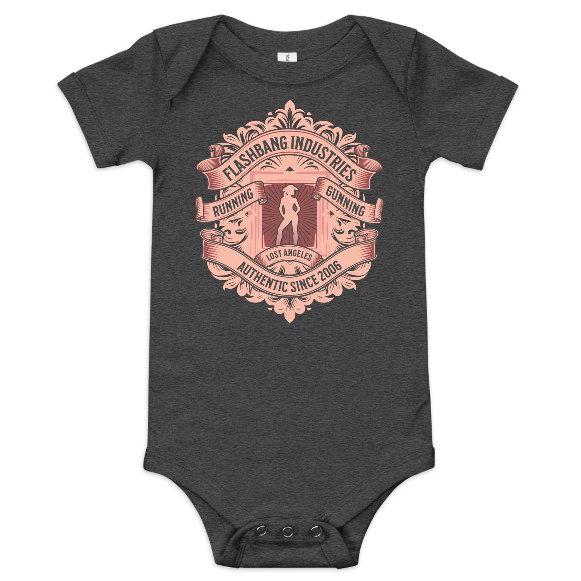 Dark gray baby onesie with pink graphic design on a white background