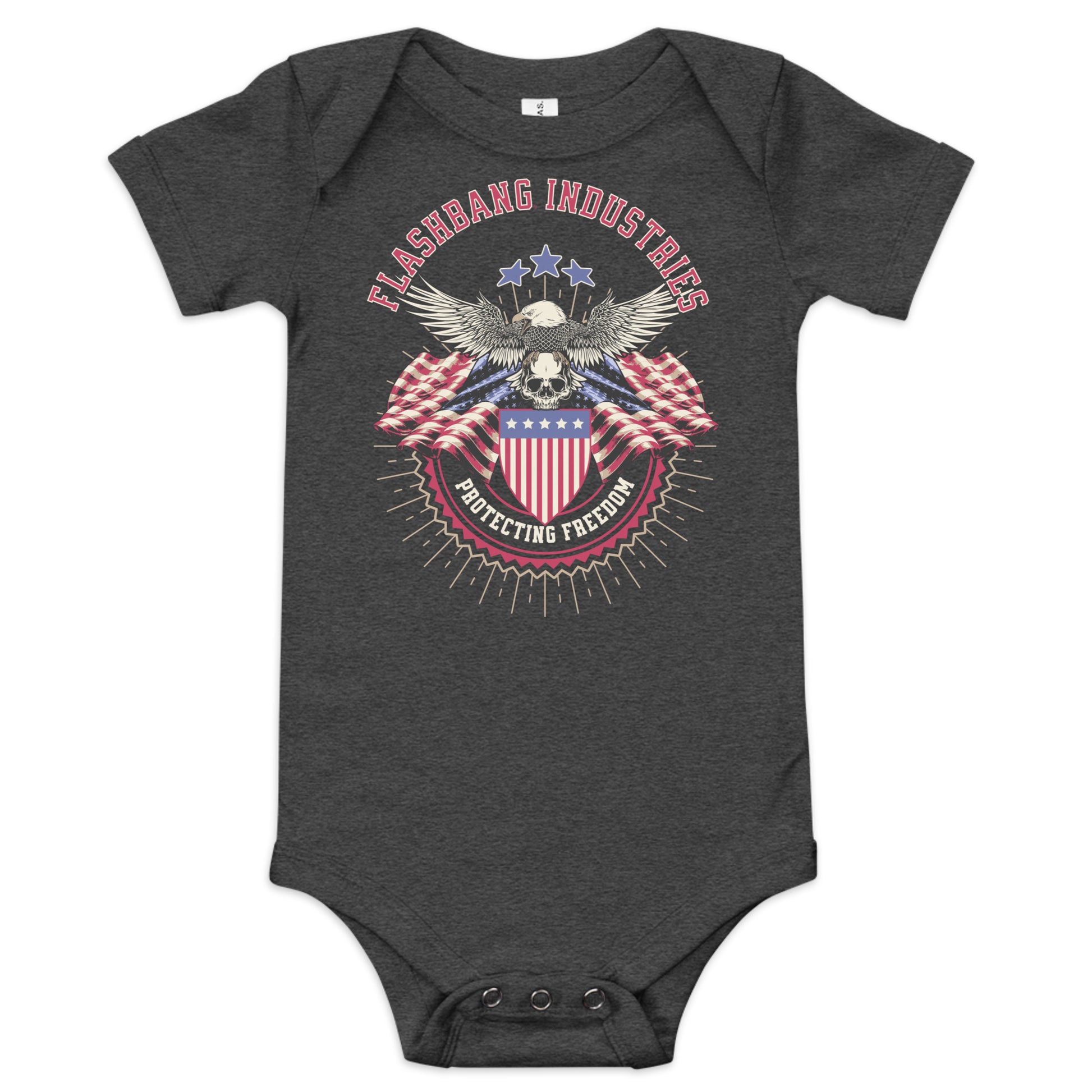 Dark gray baby onesie with 'Flashbang Industries' graphic design featuring an eagle and American flag.