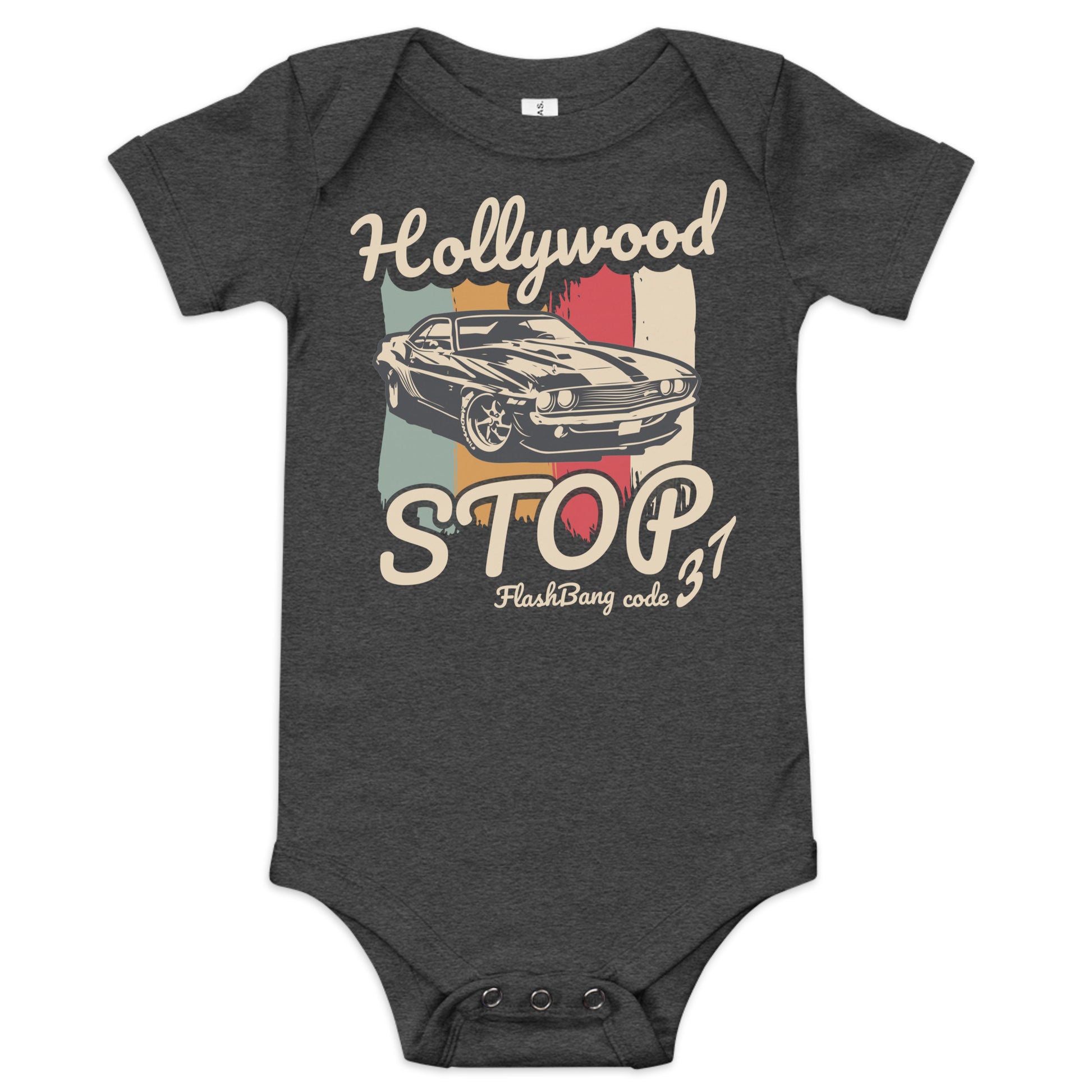 Dark gray baby onesie with vintage car graphic and text on a white background