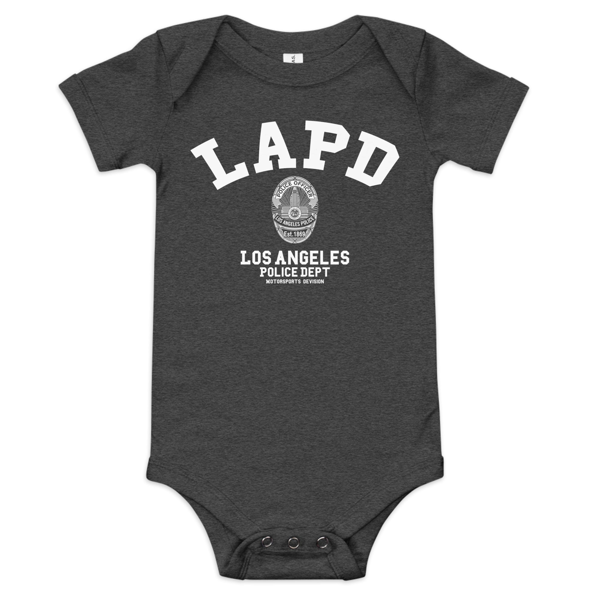 Dark gray baby onesie with LAPD Los Angeles Police Dept logo on a white background