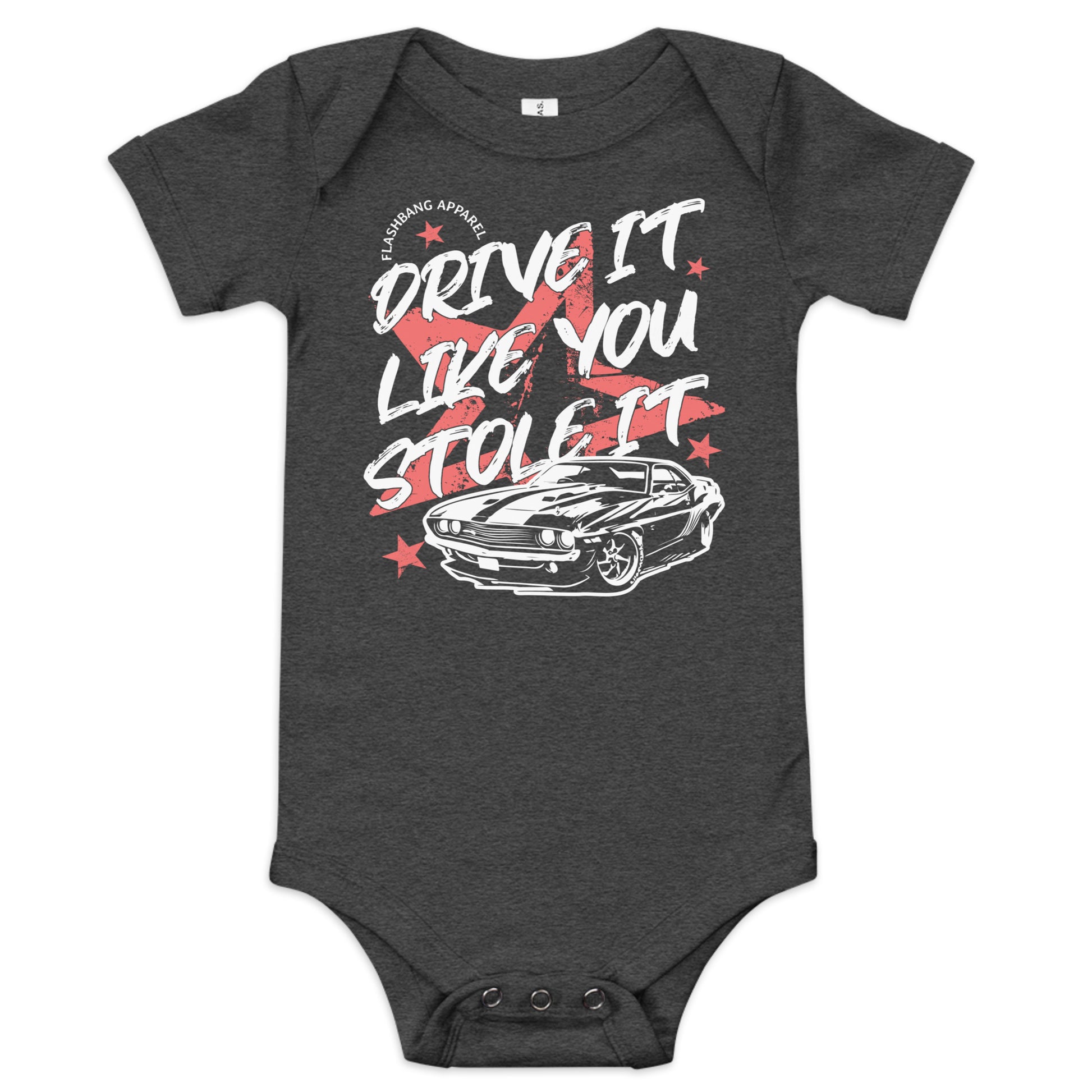 Dark gray baby onesie with car graphic and text on a white background