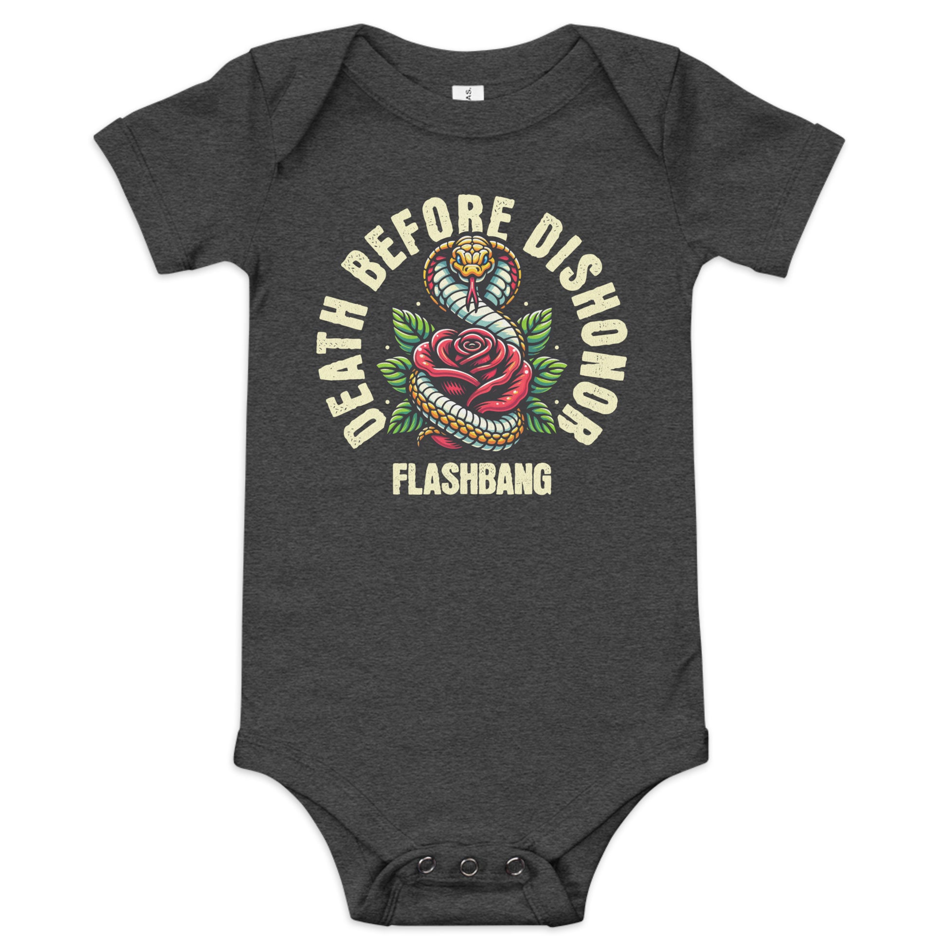 Dark gray baby onesie with snake and rose graphic and text on a white background