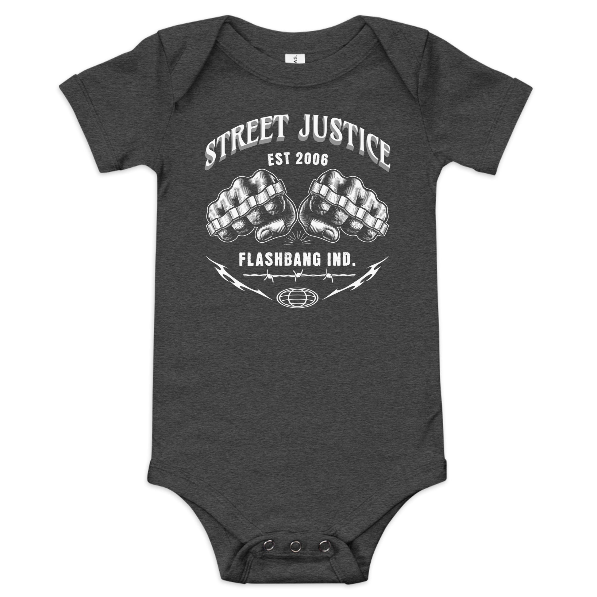 Dark gray baby onesie with white graphic design and text on a white background