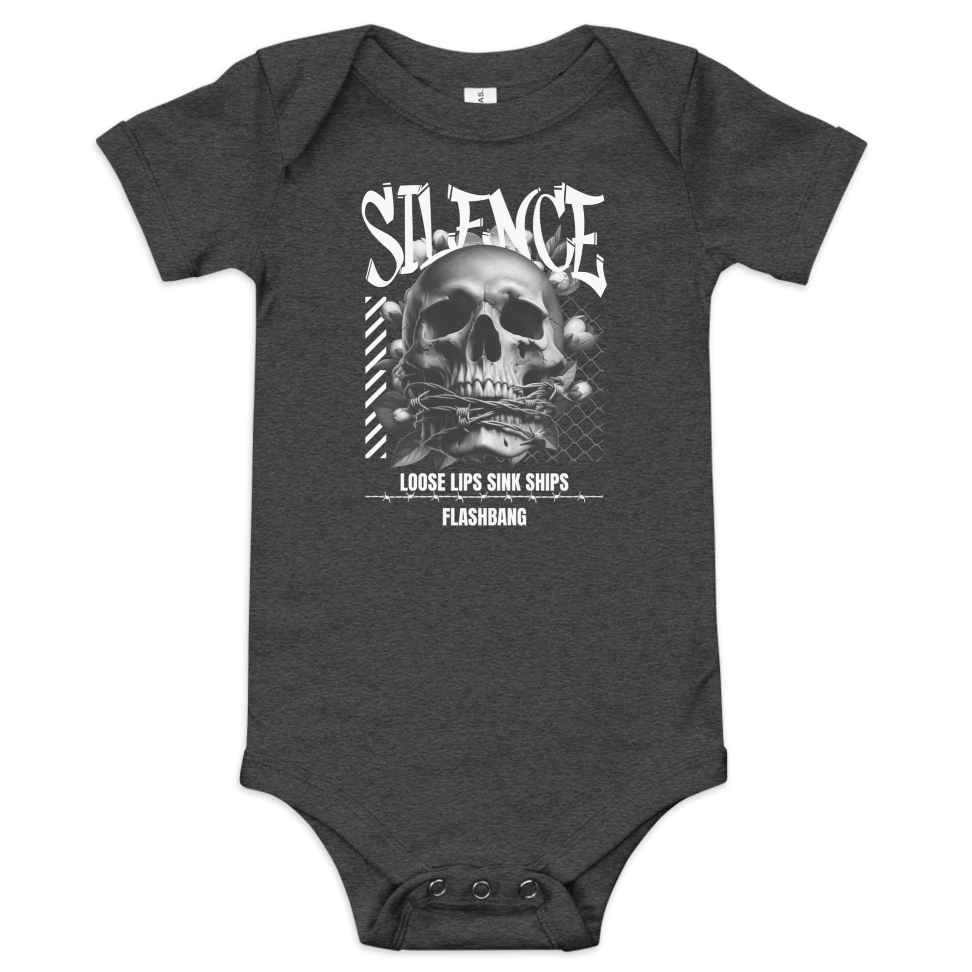 Gray baby onesie with skull design and text on a white background