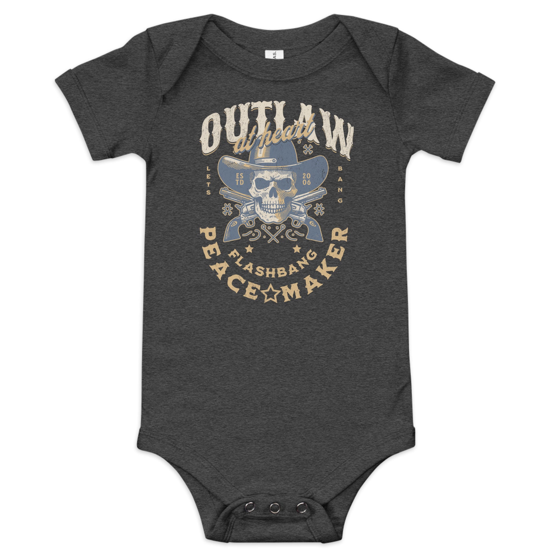 Dark gray baby onesie with a graphic design featuring text and a skull wearing a cowboy hat on a white background.