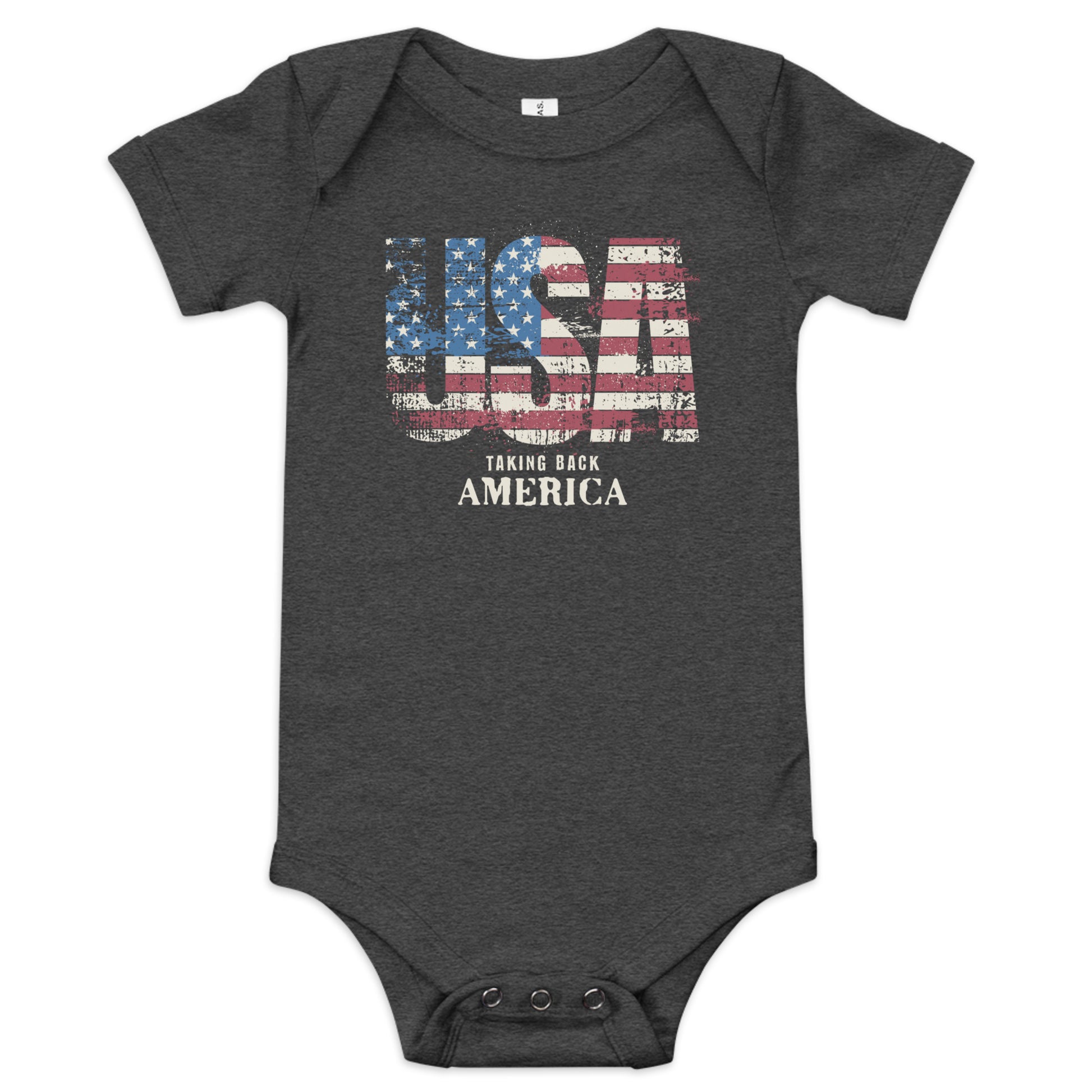 Dark gray baby onesie with American flag design and text on a white background