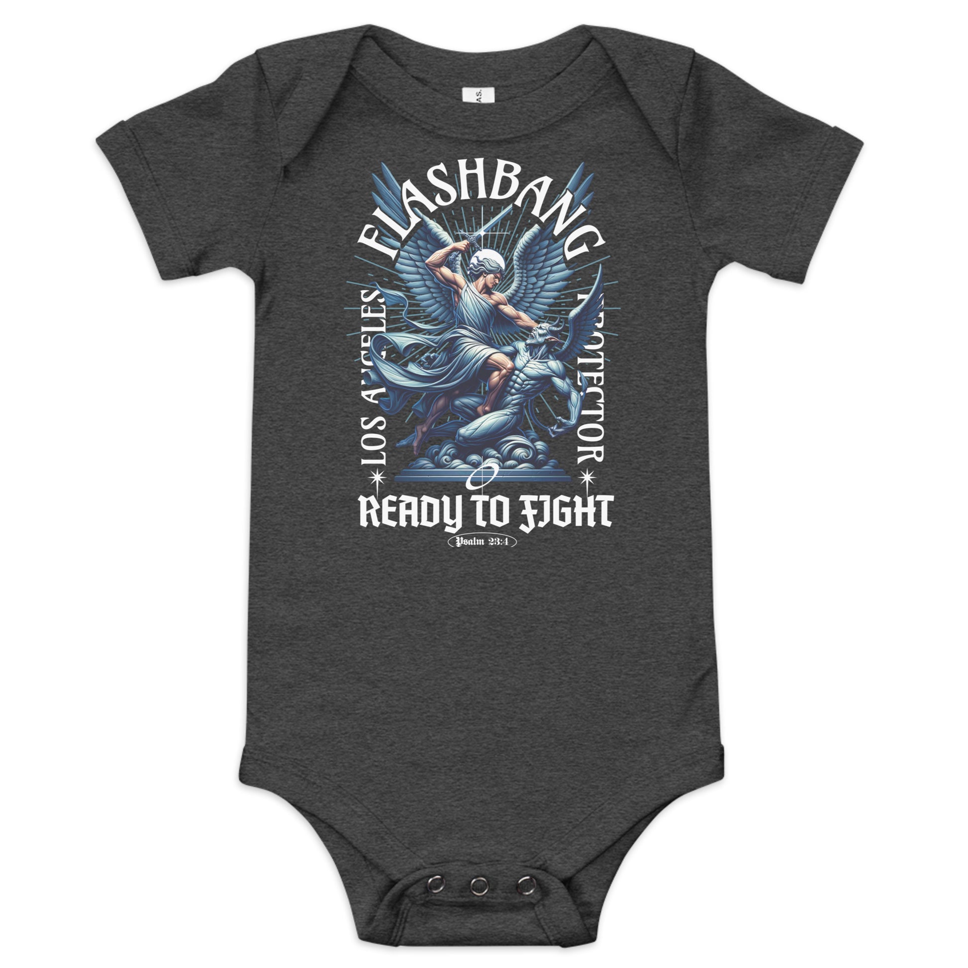 Dark gray baby onesie with graphic design and text on a white background