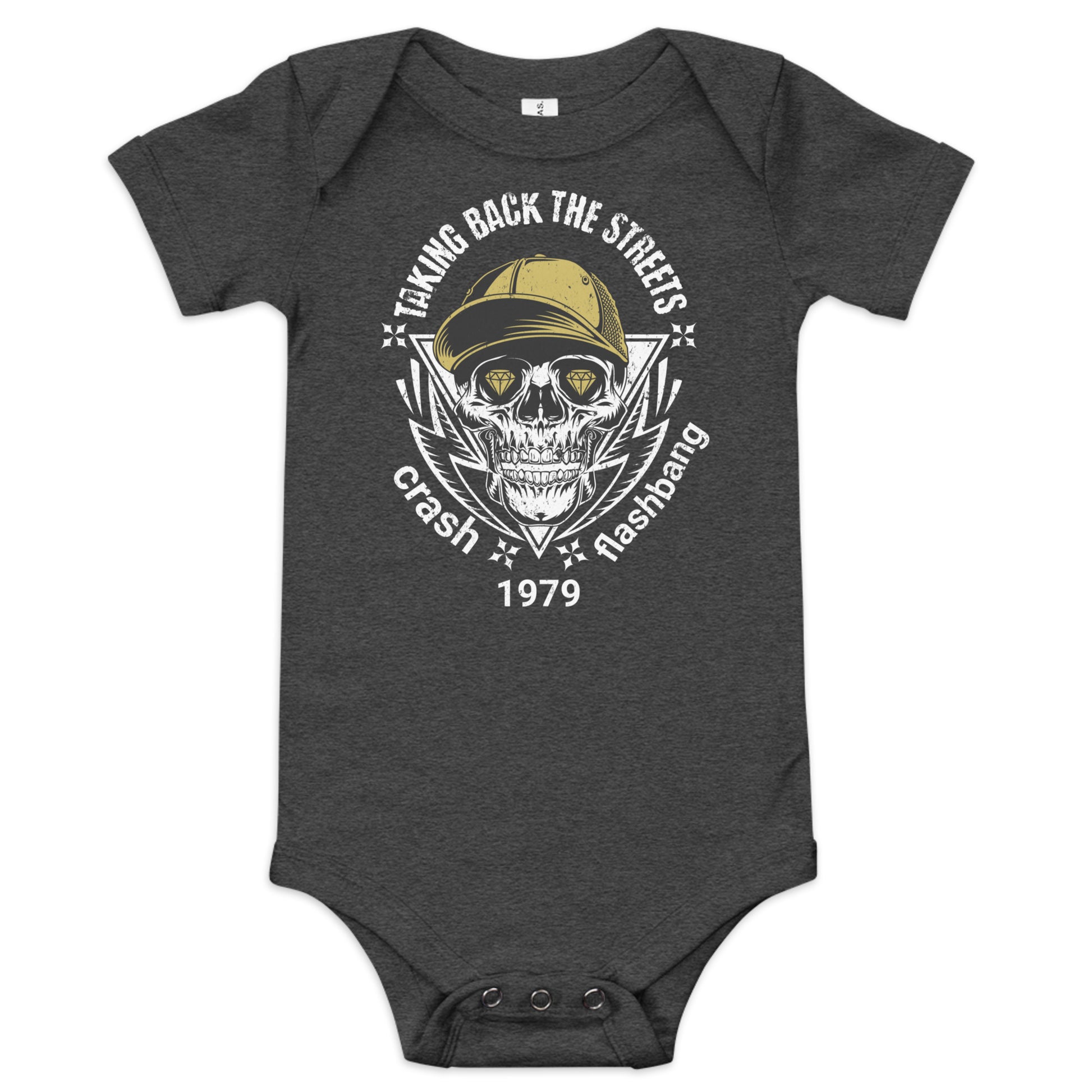 Dark gray baby onesie with skull and cap graphic design on a white background