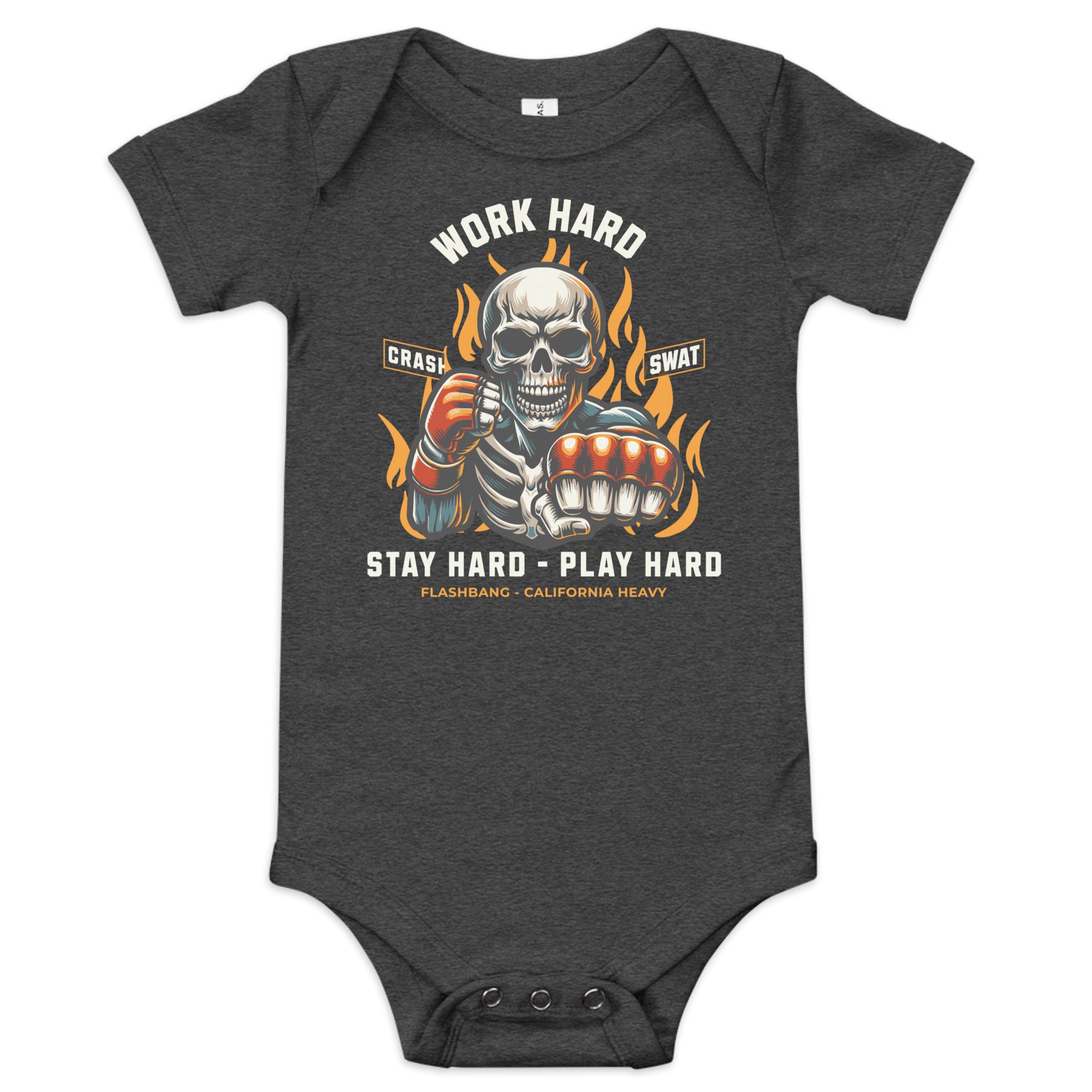 Dark gray baby onesie with a skeleton design and text on a white background