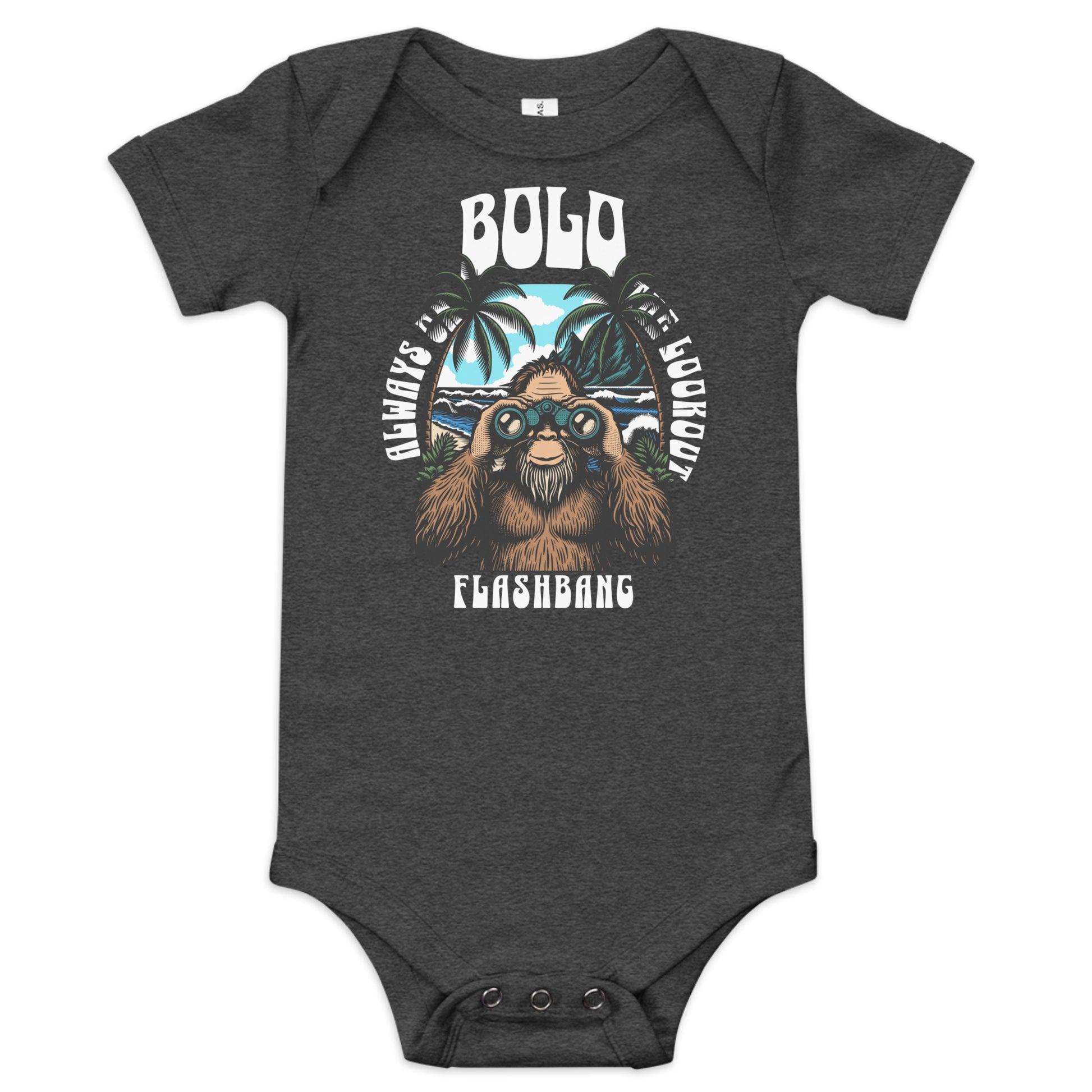 Dark gray baby onesie with a graphic design on a white background