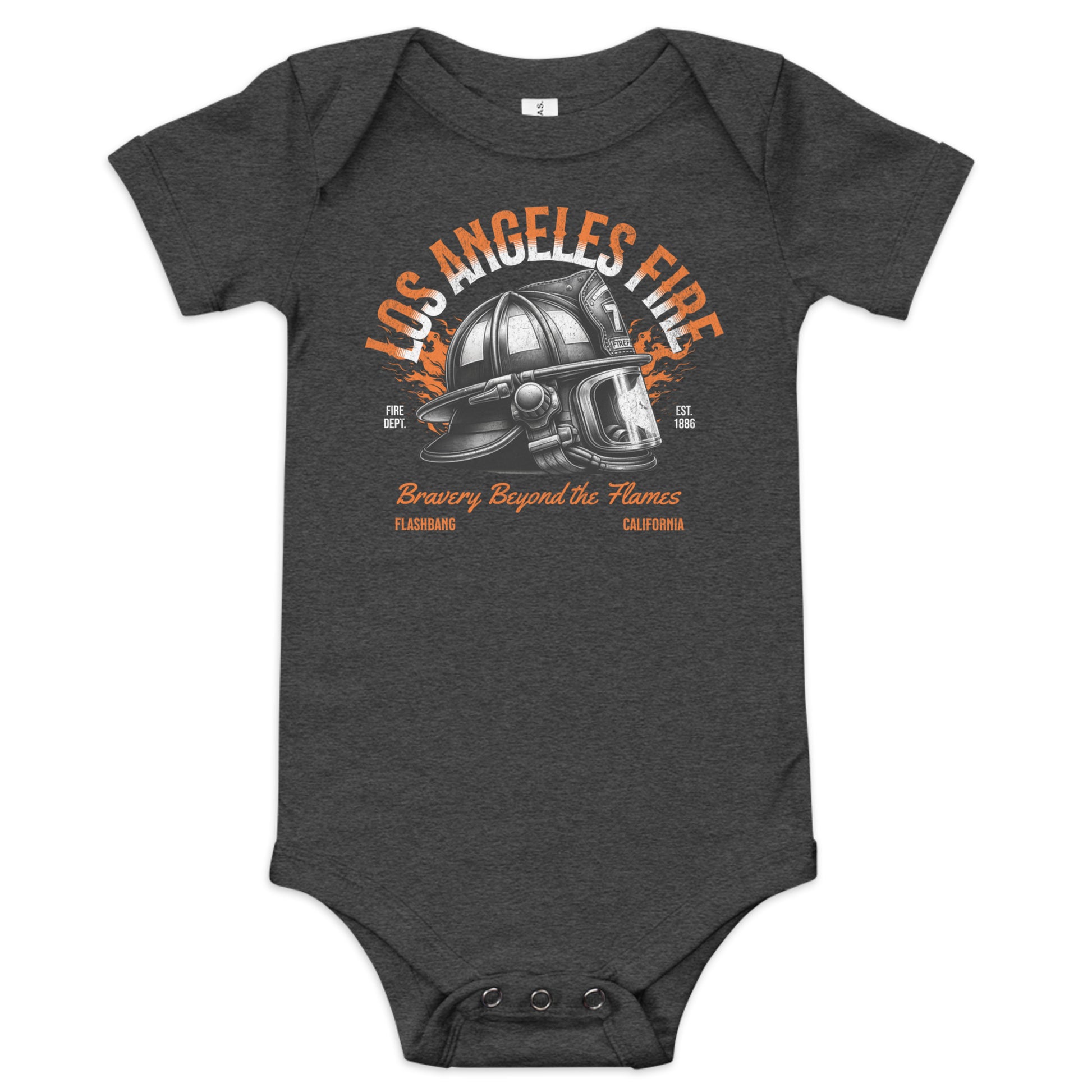 Dark gray baby onesie with Los Angeles Fire Department graphic on a white background