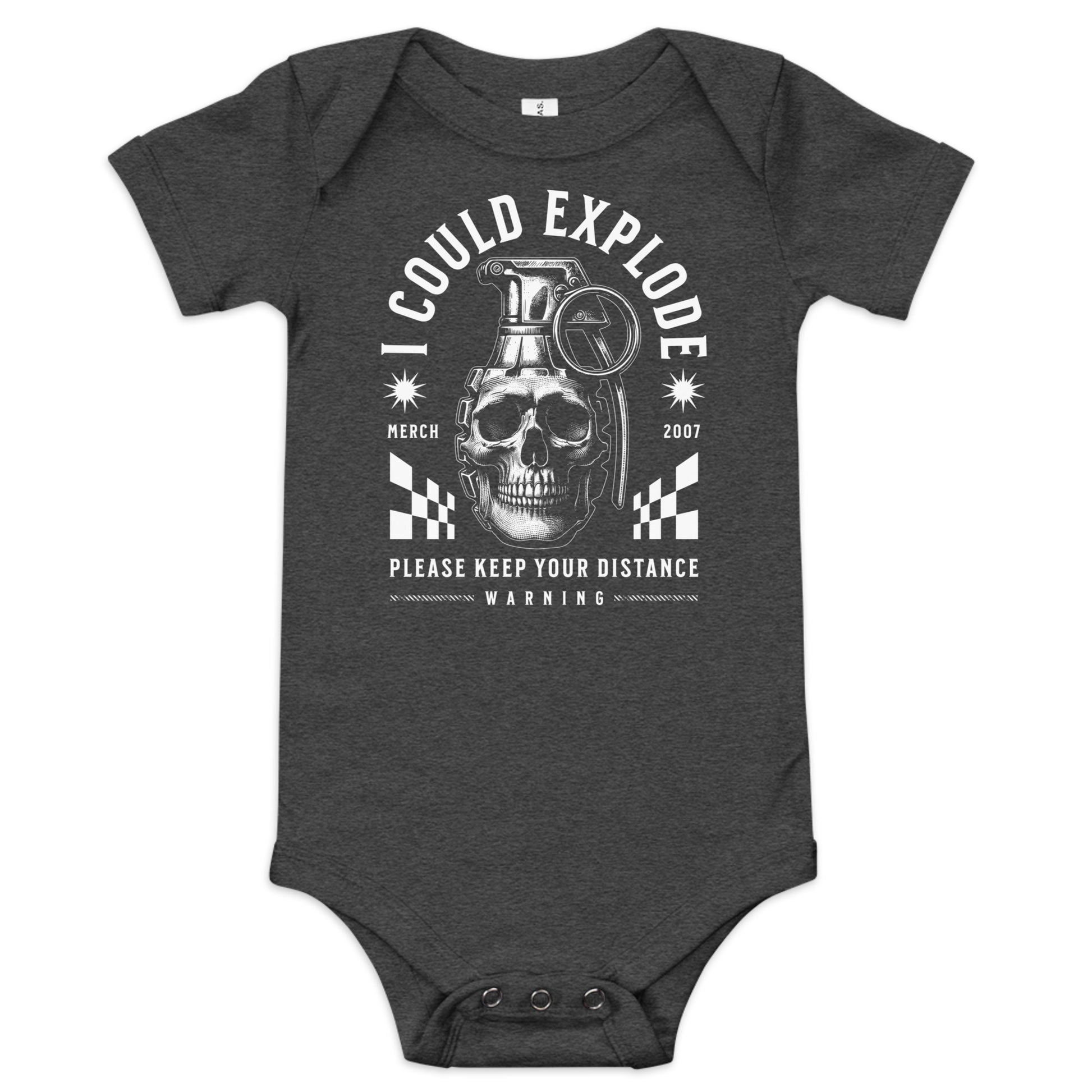 Dark gray baby onesie with a graphic design featuring a skull and text on a white background