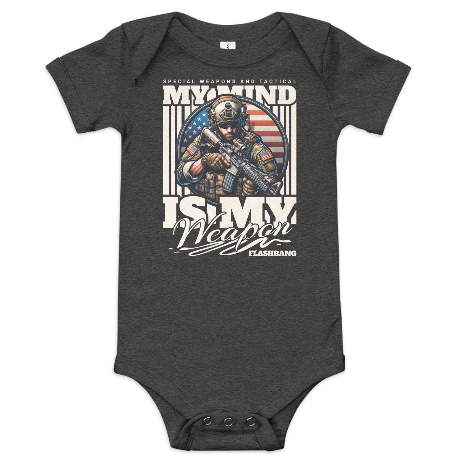 Dark gray baby onesie with military-themed graphic and text on a white background